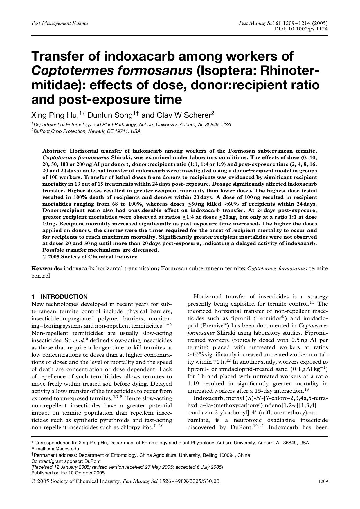 Transfer of indoxacarb among workers of Coptotermes formosanus (Isoptera: Rhinotermitidae): effects of dose, donor:recipient ratio and post-exposure time by Unknown