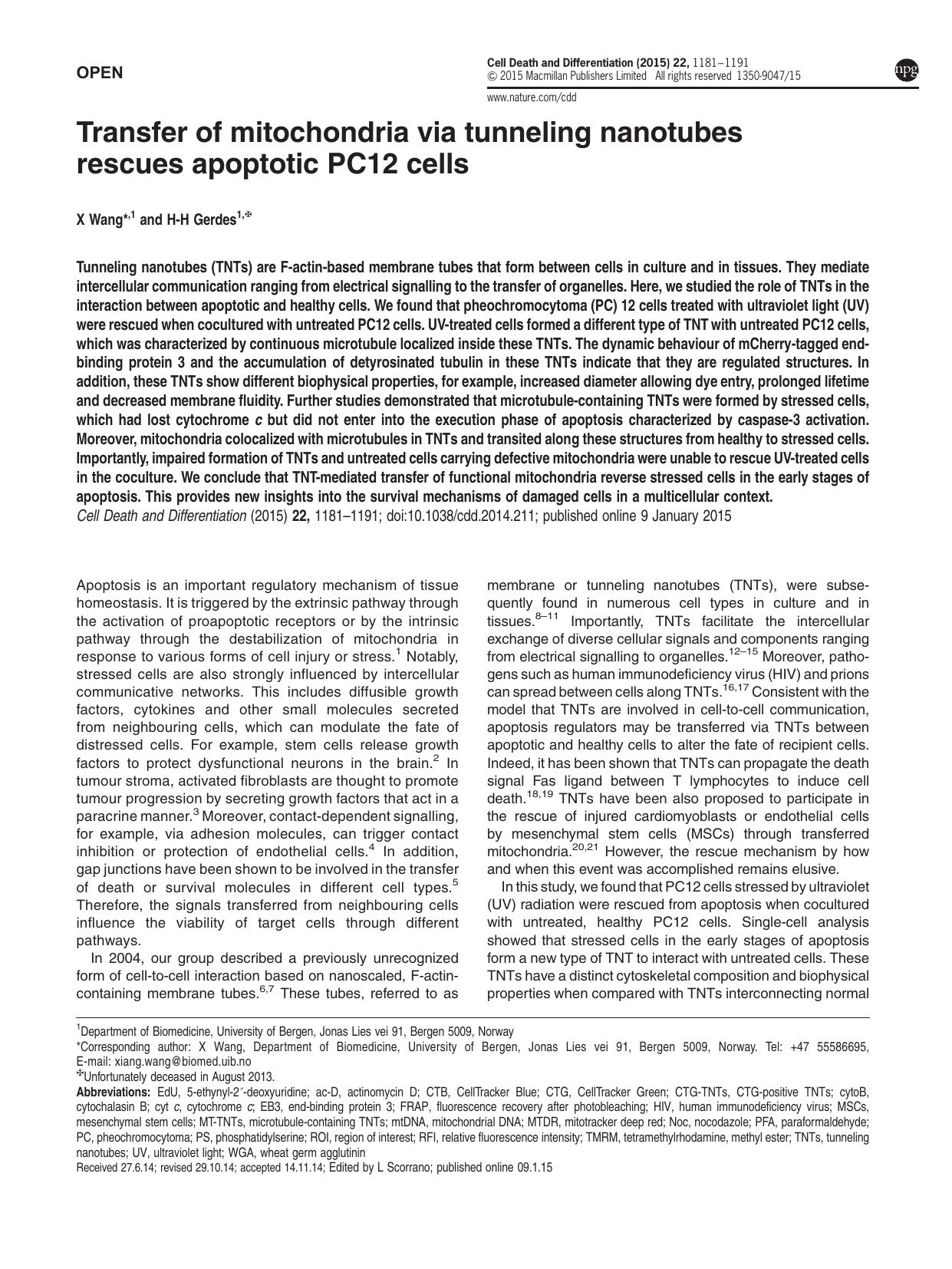 Transfer of mitochondria via tunneling nanotubes rescues apoptotic PC12 cells by X Wang & H-H Gerdes
