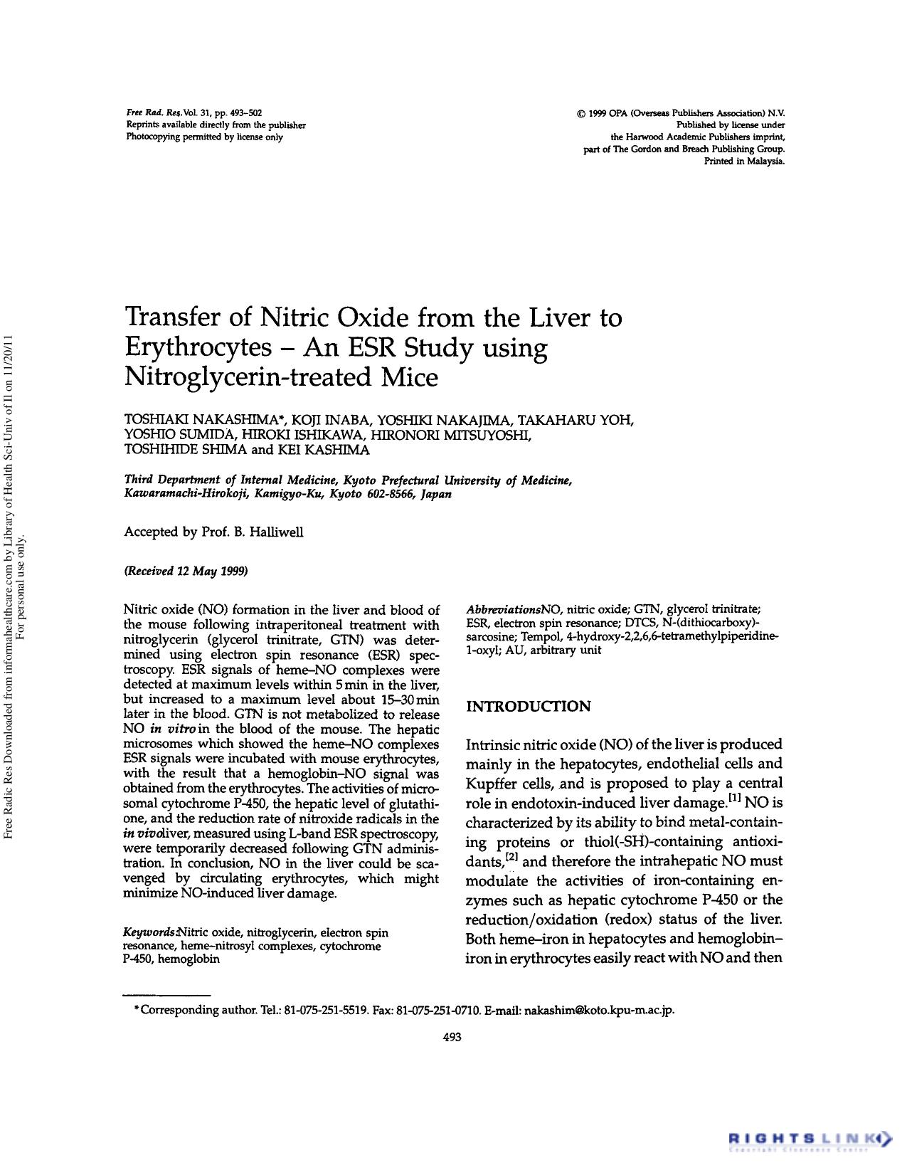 Transfer of nitric oxide from the liver to erythrocytes â An ESR study using nitroglycerin-treated mice by unknow