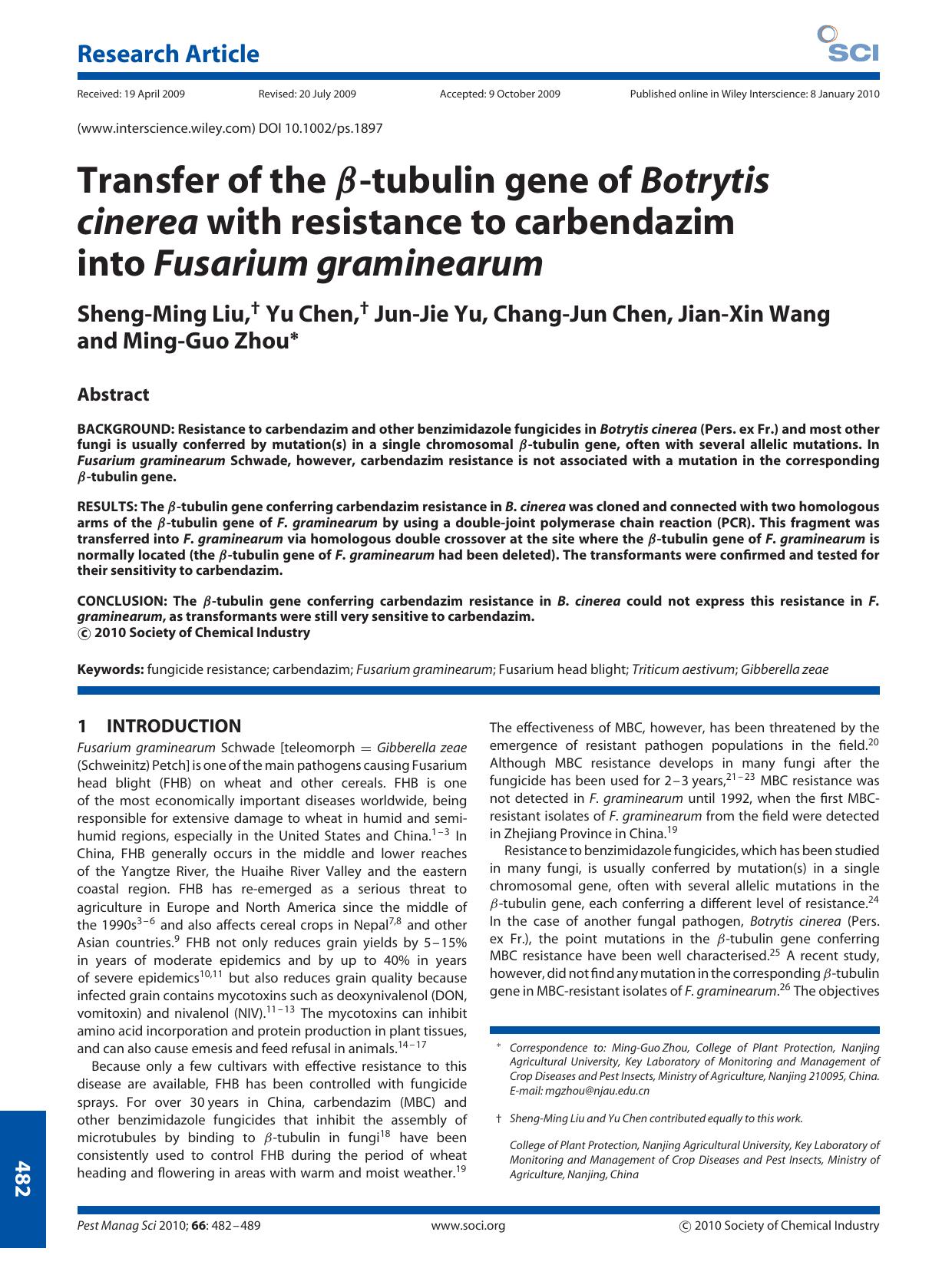 Transfer of the ??tubulin gene of Botrytis cinerea with resistance to carbendazim into Fusarium graminearum by Unknown