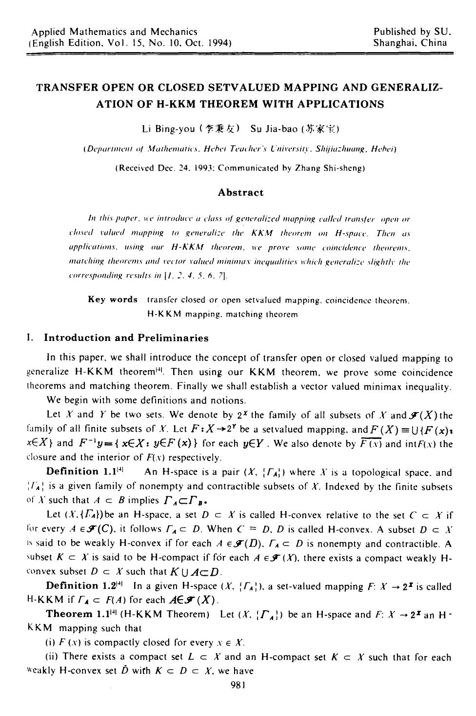Transfer open or closed setvalued mapping and generalization of H-KKM theorem with applications by Unknown