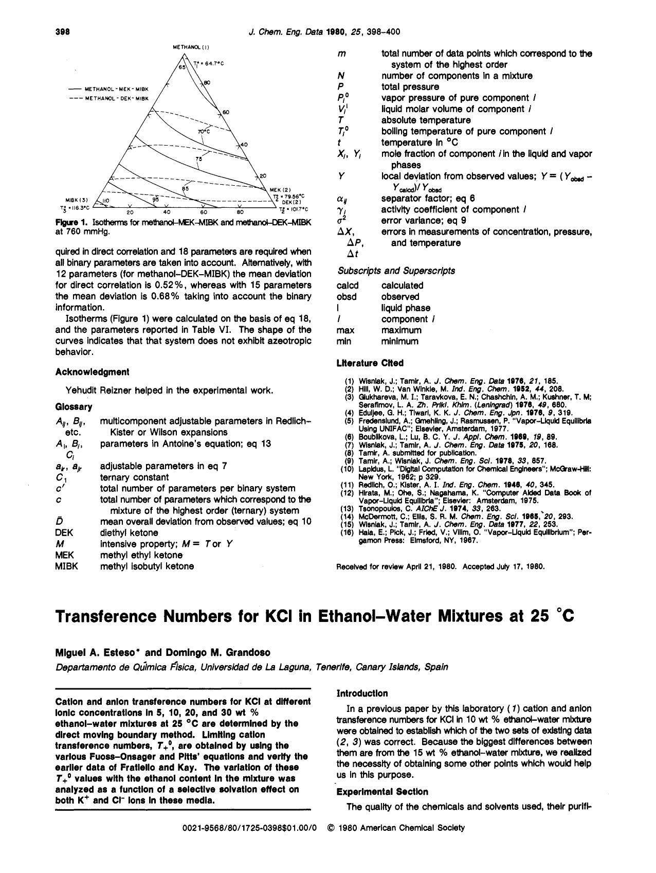 Transference numbers for potassium chloride in ethanol-water mixtures at 25.degree.C by Miguel A. Esteso Domingo M. Grandoso