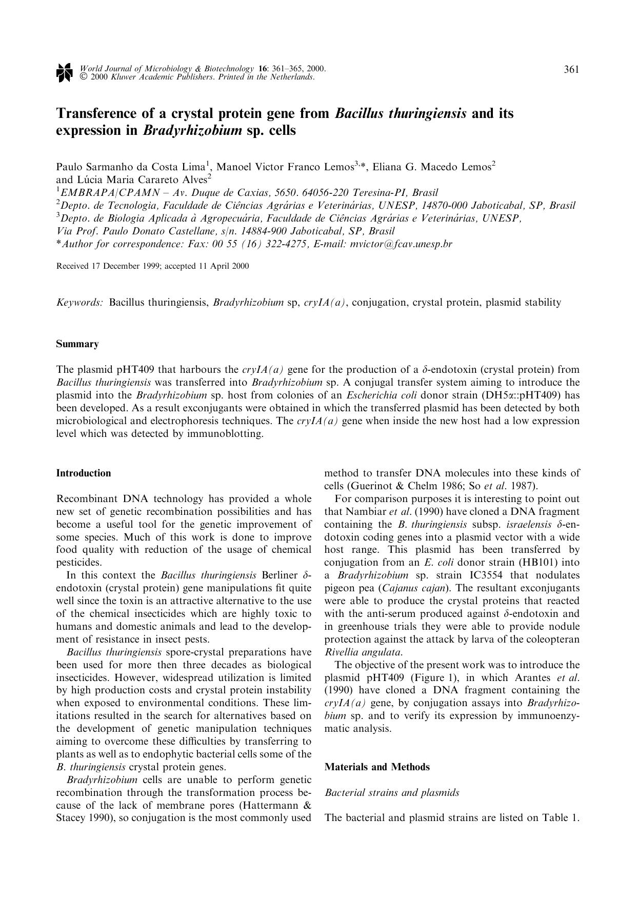 Transference of a crystal protein gene from Bacillus thuringiensis and its expression in Bradyrhizobium sp. cells by Unknown