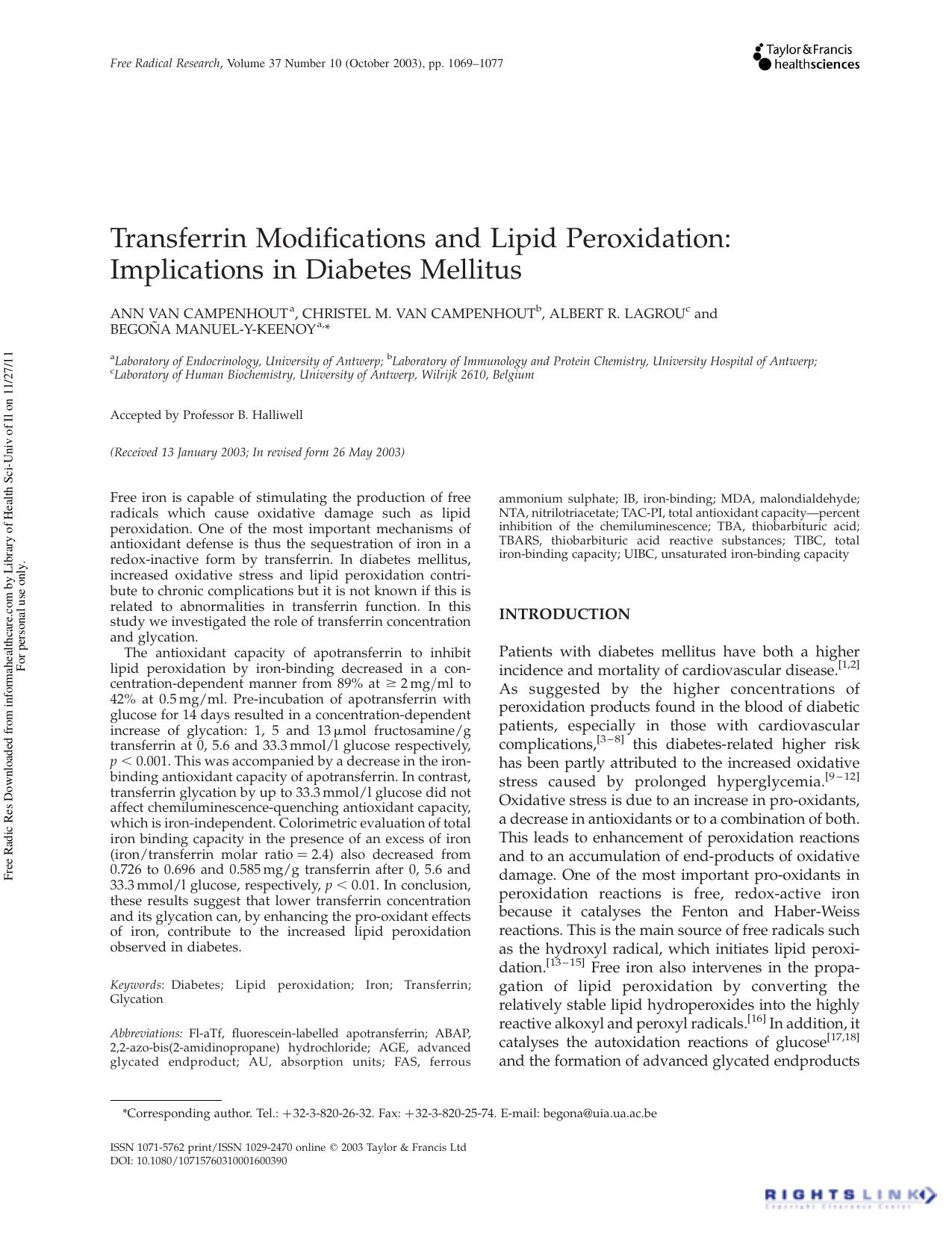 Transferrin Modifications and Lipid Peroxidation: Implications in Diabetes Mellitus by Ann Van Campenhout1 Christel M. Van Campenhout2 Albert R. Lagrou3 & Begoña Manuel-y-Keenoy1