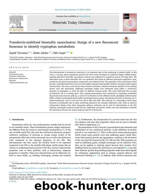 Transferrin-stabilized bimetallic nanoclusters: Design of a new fluorescent biosensor to identify tryptophan metabolites by Árpád Turcsányi & Ádám Juhász & Edit Csapó