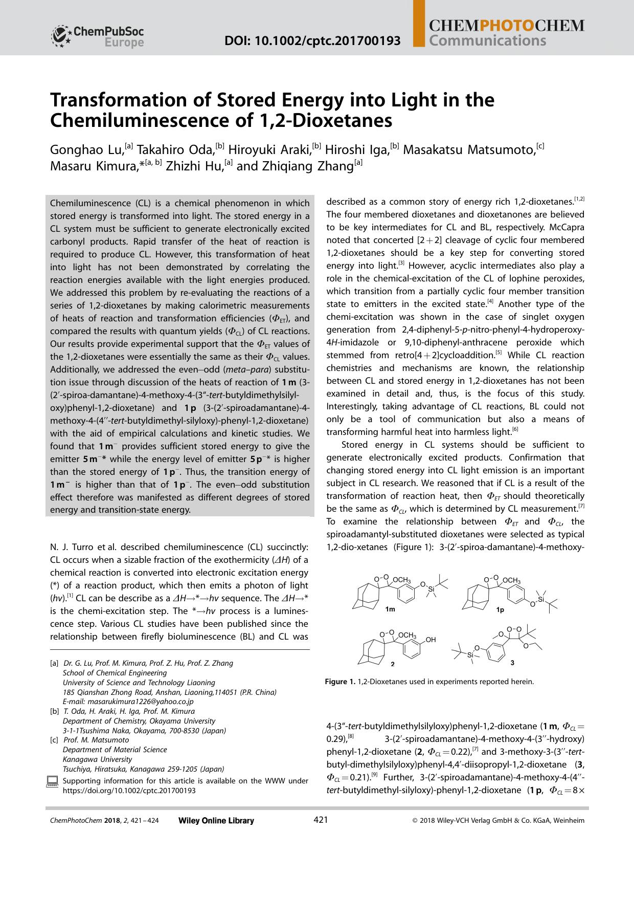 Transformation of Stored Energy into Light in the Chemiluminescence of 1,2âDioxetanes by Unknown