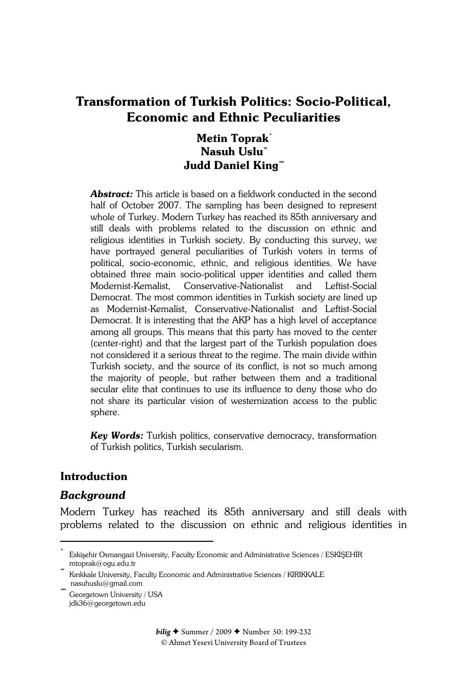 Transformation of Turkish Politics: Socio-Political, Economic and Ethnic Peculiarities by Metin Toprak Nasuh Uslu J.D.King