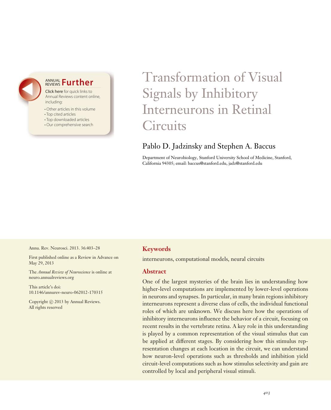 Transformation of Visual Signals by Inhibitory Interneurons in Retinal Circuits by Pablo D. Jadzinsky and Stephen A. Baccus