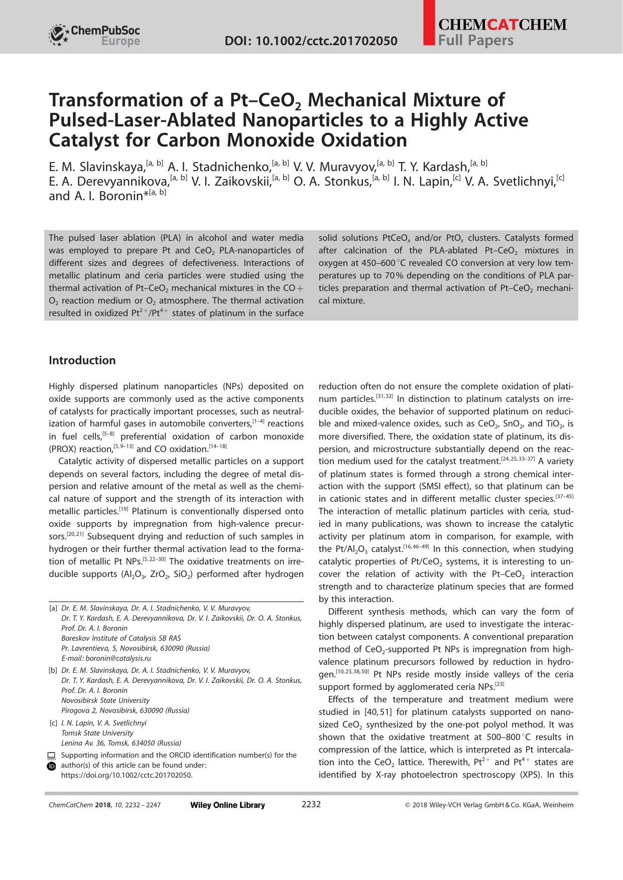 Transformation of a PtâCeO2 Mechanical Mixture of PulsedâLaserâAblated Nanoparticles to a Highly Active Catalyst for Carbon Monoxide Oxidation by Unknown