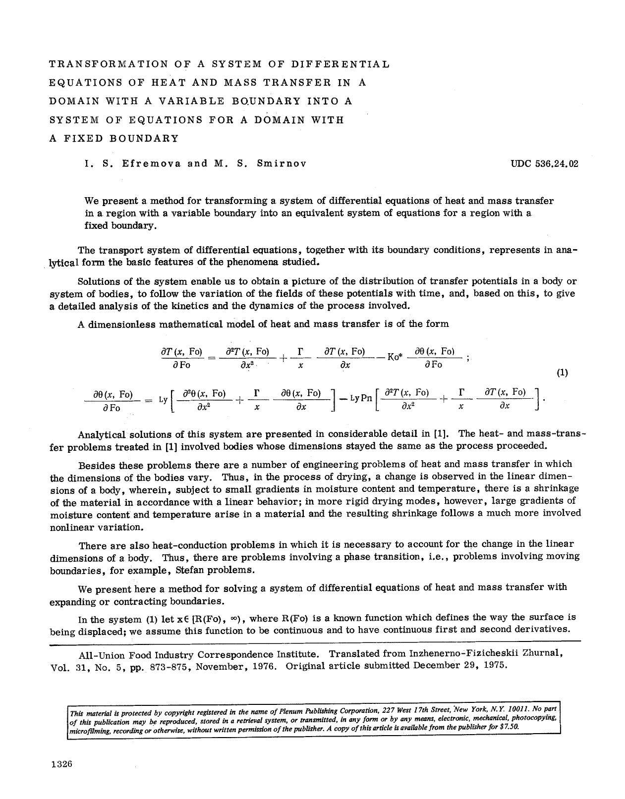 Transformation of a system of differential equations of heat and mass transfer in a domain with a variable boundary into a system of equations for a domain with a fixed boundary by Unknown