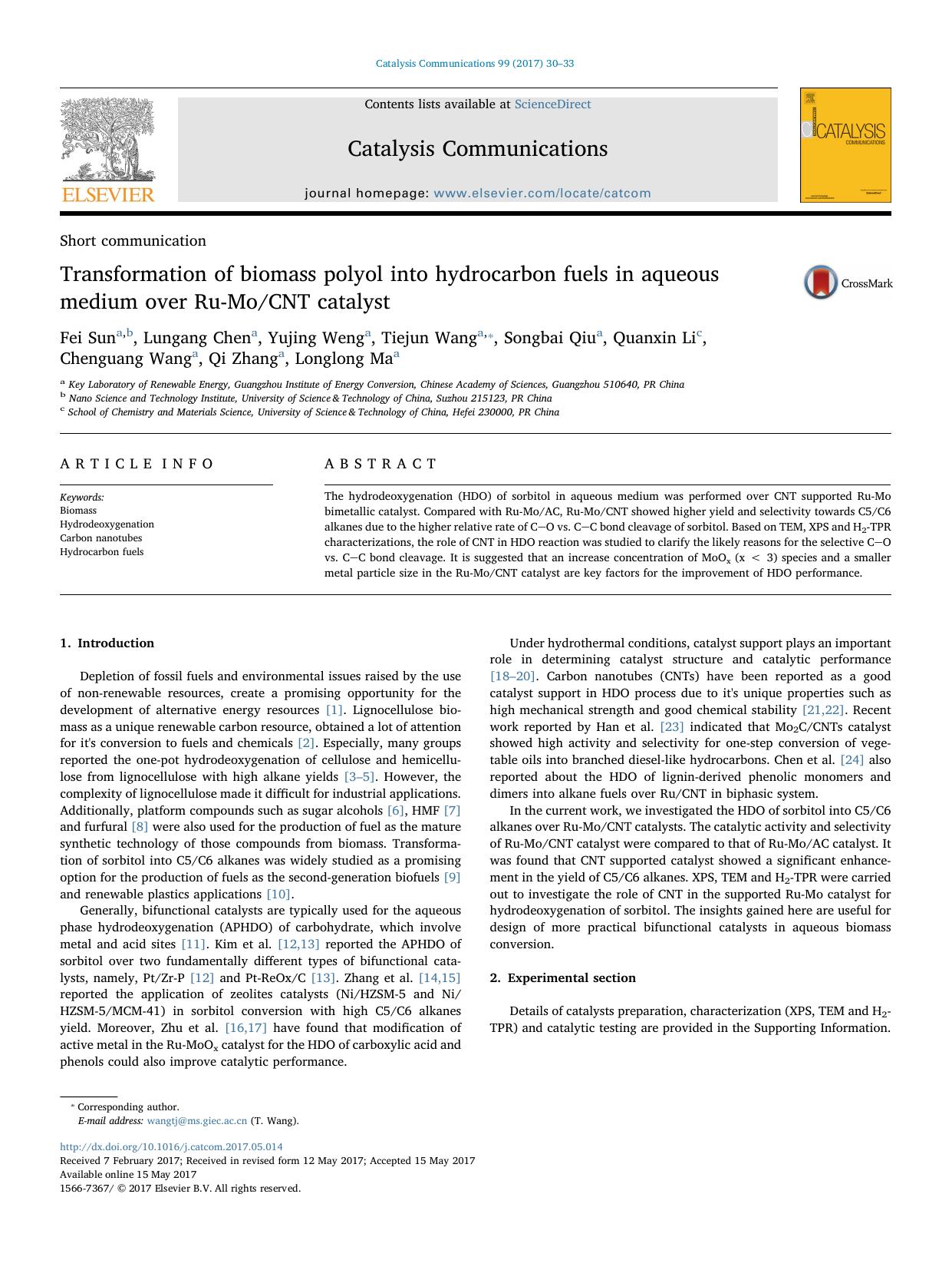 Transformation of biomass polyol into hydrocarbon fuels in aqueous medium over Ru-MoCNT catalyst by unknow
