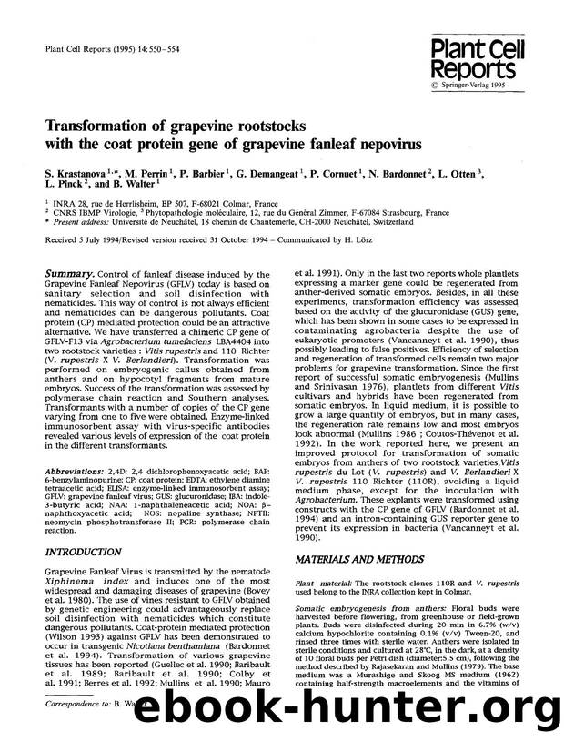 Transformation of grapevine rootstocks with the coat protein gene of grapevine fanleaf nepovirus by Unknown