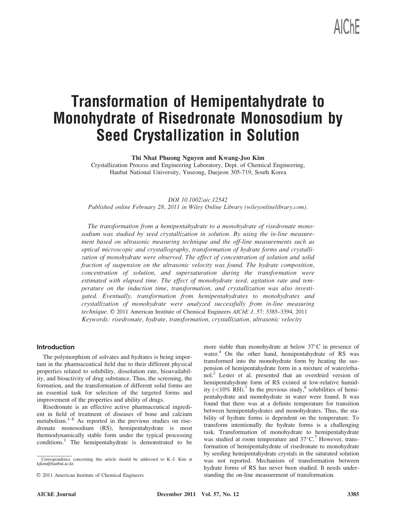 Transformation of hemipentahydrate to monohydrate of risedronate monosodium by seed crystallization in solution by Unknown