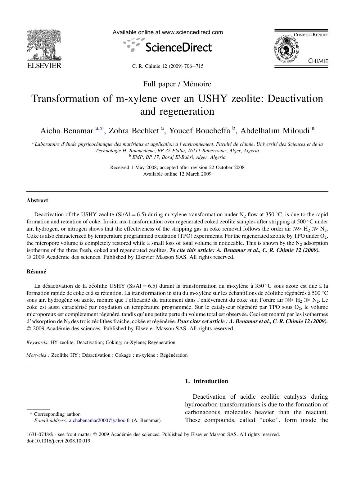 Transformation of m-xylene over an USHY zeolite: Deactivation and regeneration by Aicha Benamar; Zohra Bechket; Youcef Boucheffa; Abdelhalim Miloudi