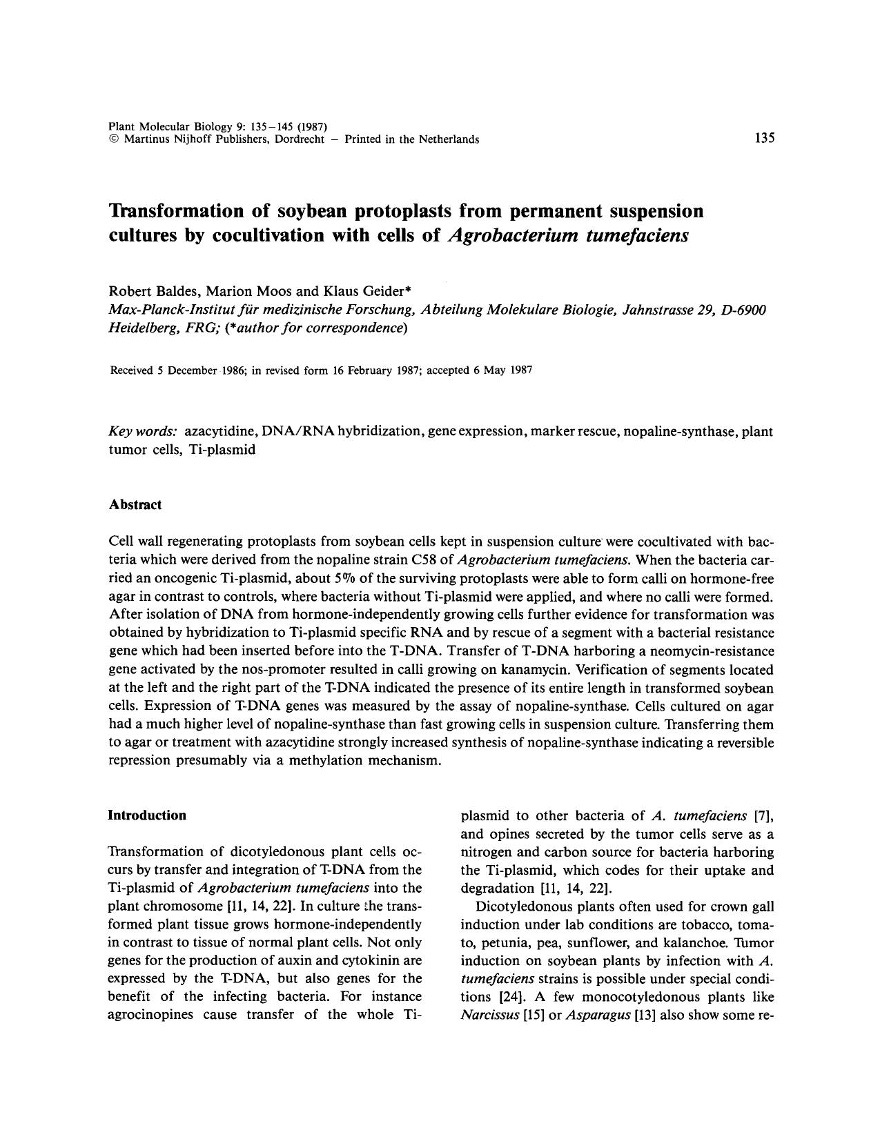 Transformation of soybean protoplasts from permanent suspension cultures by cocultivation with cells of <Emphasis Type="Italic">Agrobacterium tumefaciens <Emphasis> by Unknown