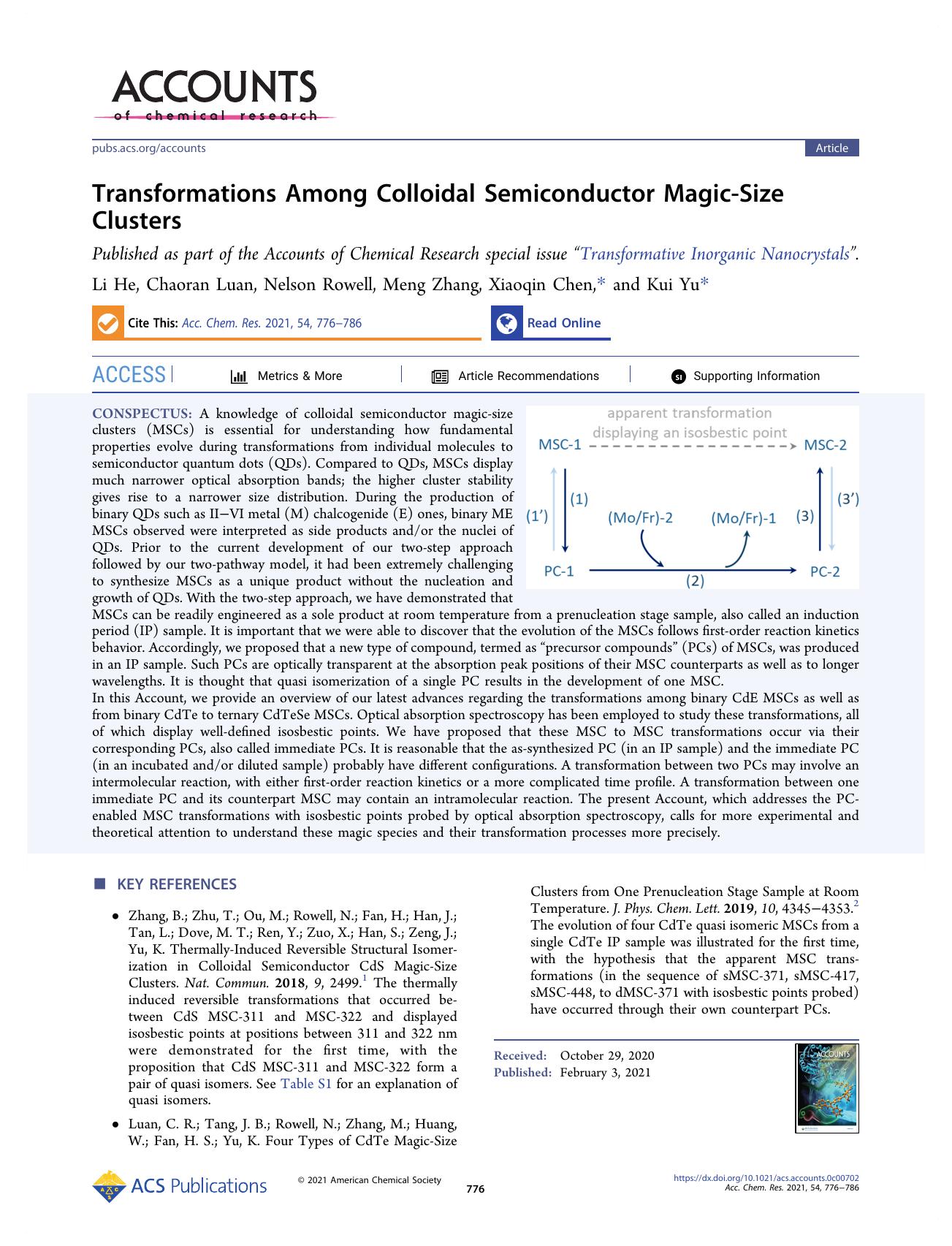 Transformations Among Colloidal Semiconductor Magic-Size Clusters by Li He Chaoran Luan Nelson Rowell Meng Zhang Xiaoqin Chen and Kui Yu