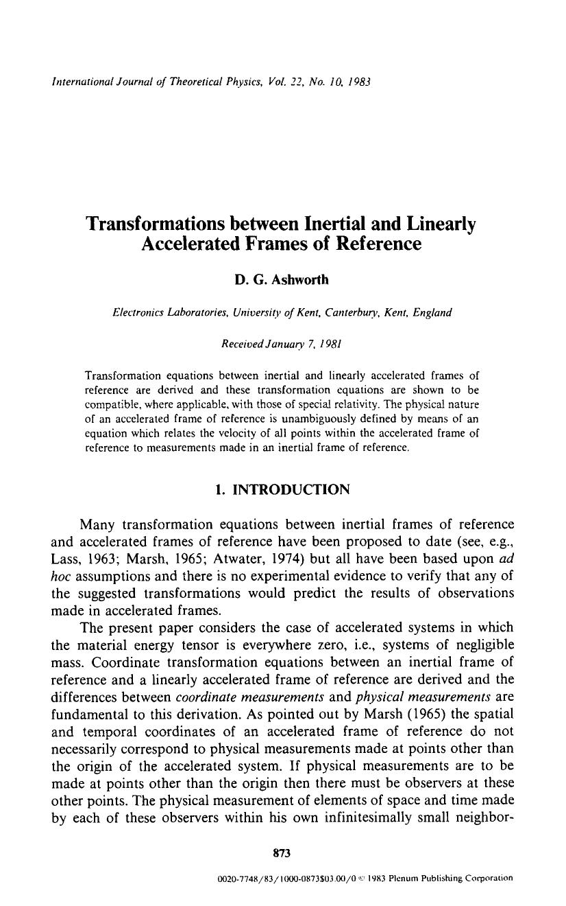 Transformations between inertial and linearly accelerated frames of reference by Unknown