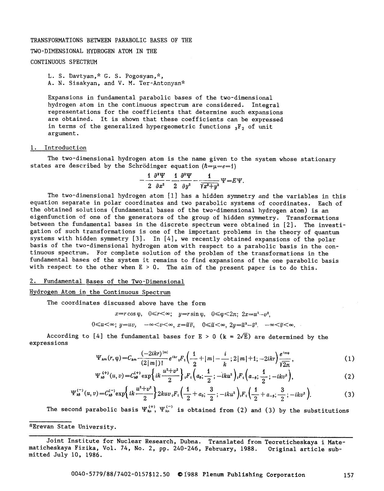 Transformations between parabolic bases of the two-dimensional hydrogen atom in the continuous spectrum by Unknown