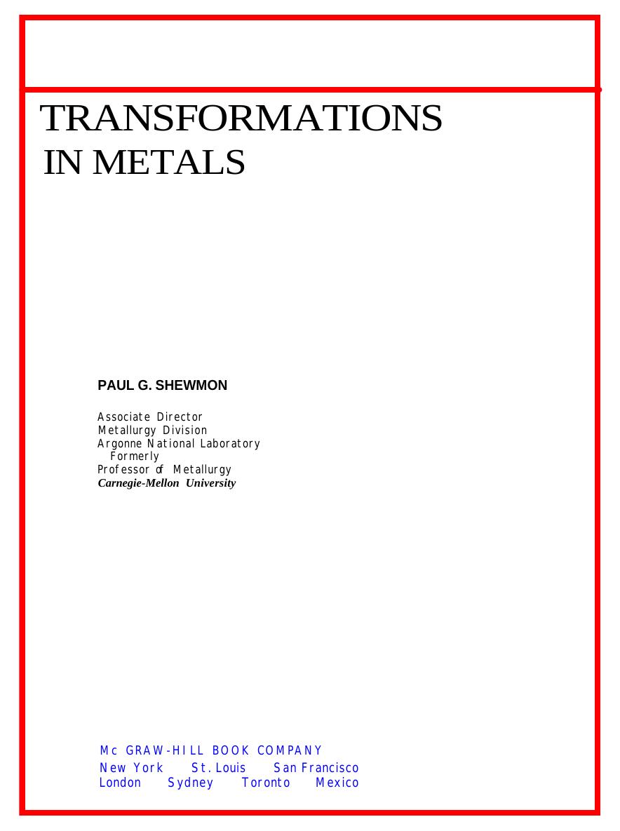 Transformations in Metals by Paul G. Shewmon