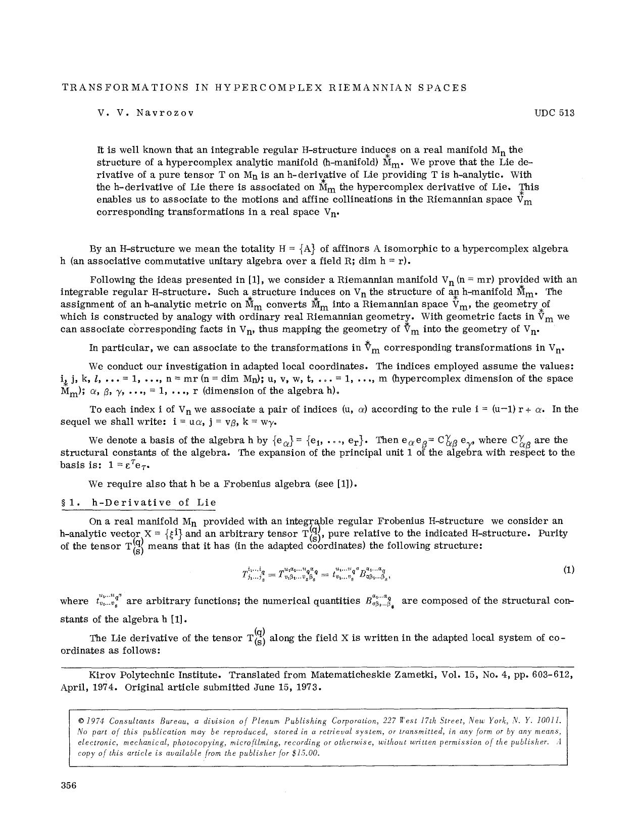 Transformations in hypercomplex Riemannian spaces by Unknown