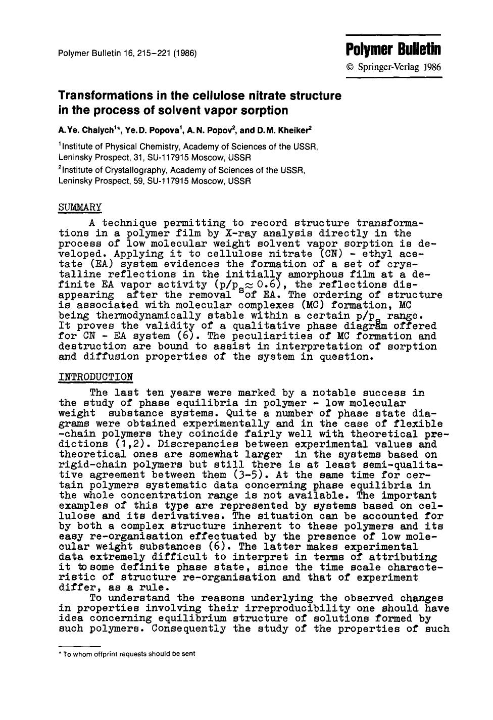 Transformations in the cellulose nitrate structure in the process of solvent vapor sorption by Unknown