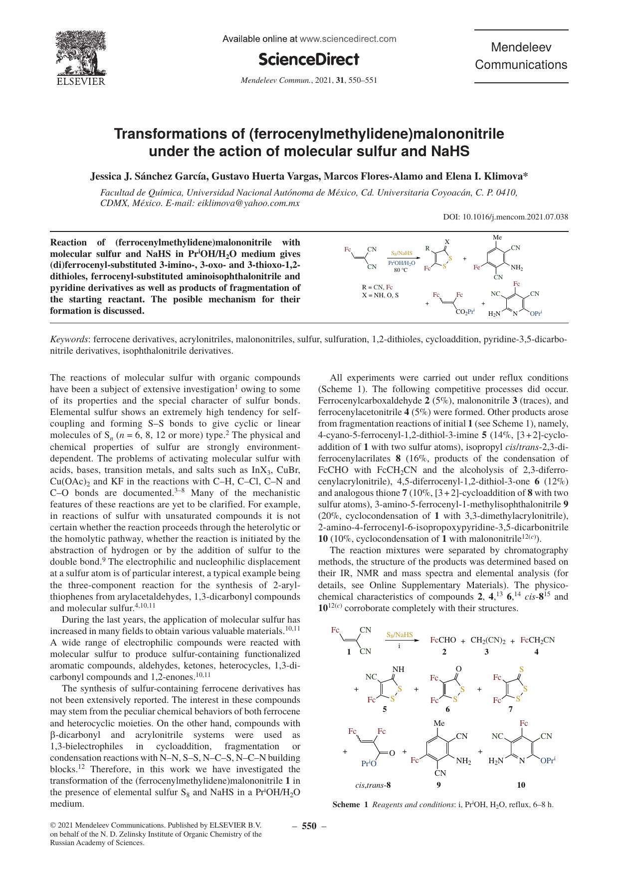 Transformations of (ferrocenylmethylidene)malononitrile under the action of molecular sulfur and NaHS by Jessica J. Sánchez García & Gustavo Huerta Vargas & Marcos Flores-Alamo & Elena I. Klimova