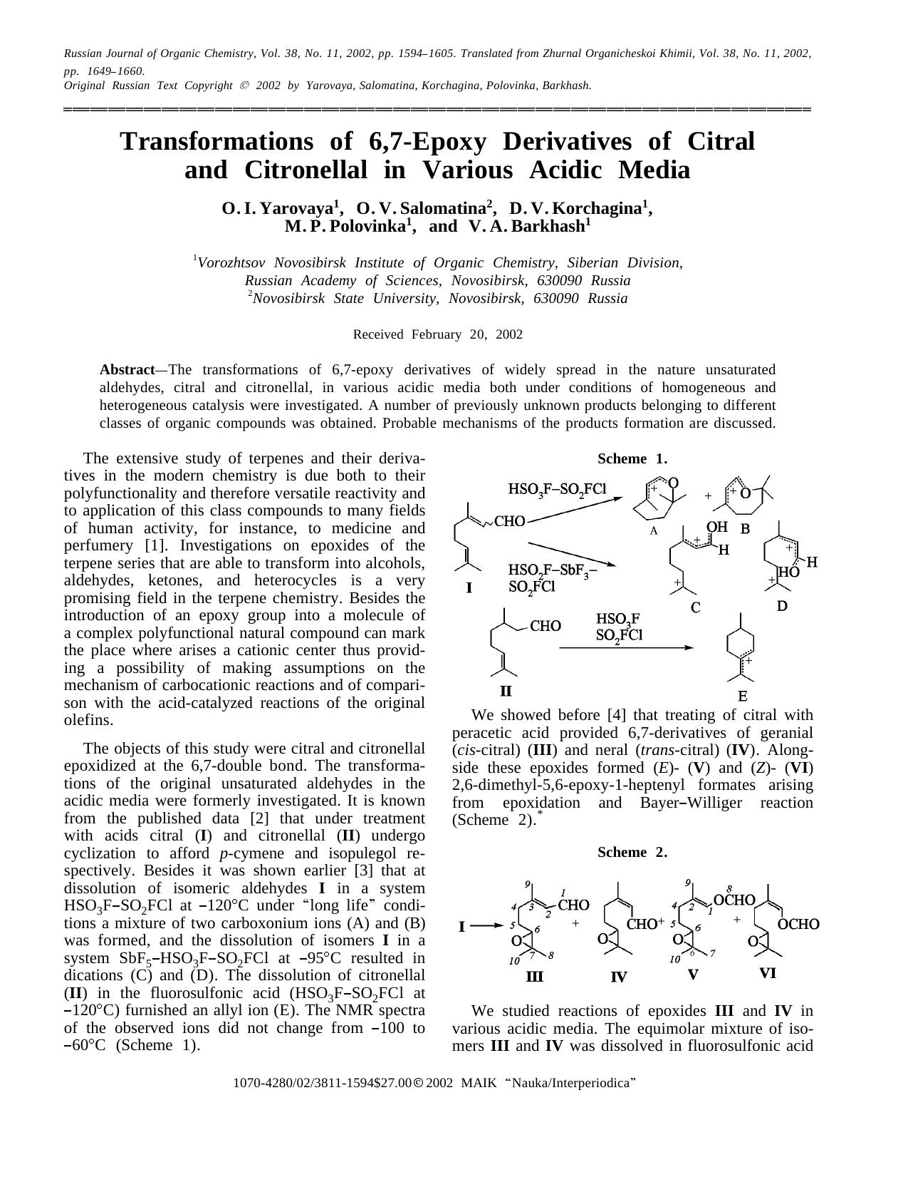 Transformations of 6,7-Epoxy Derivatives of Citral and Citronellal in Various Acidic Media by Unknown
