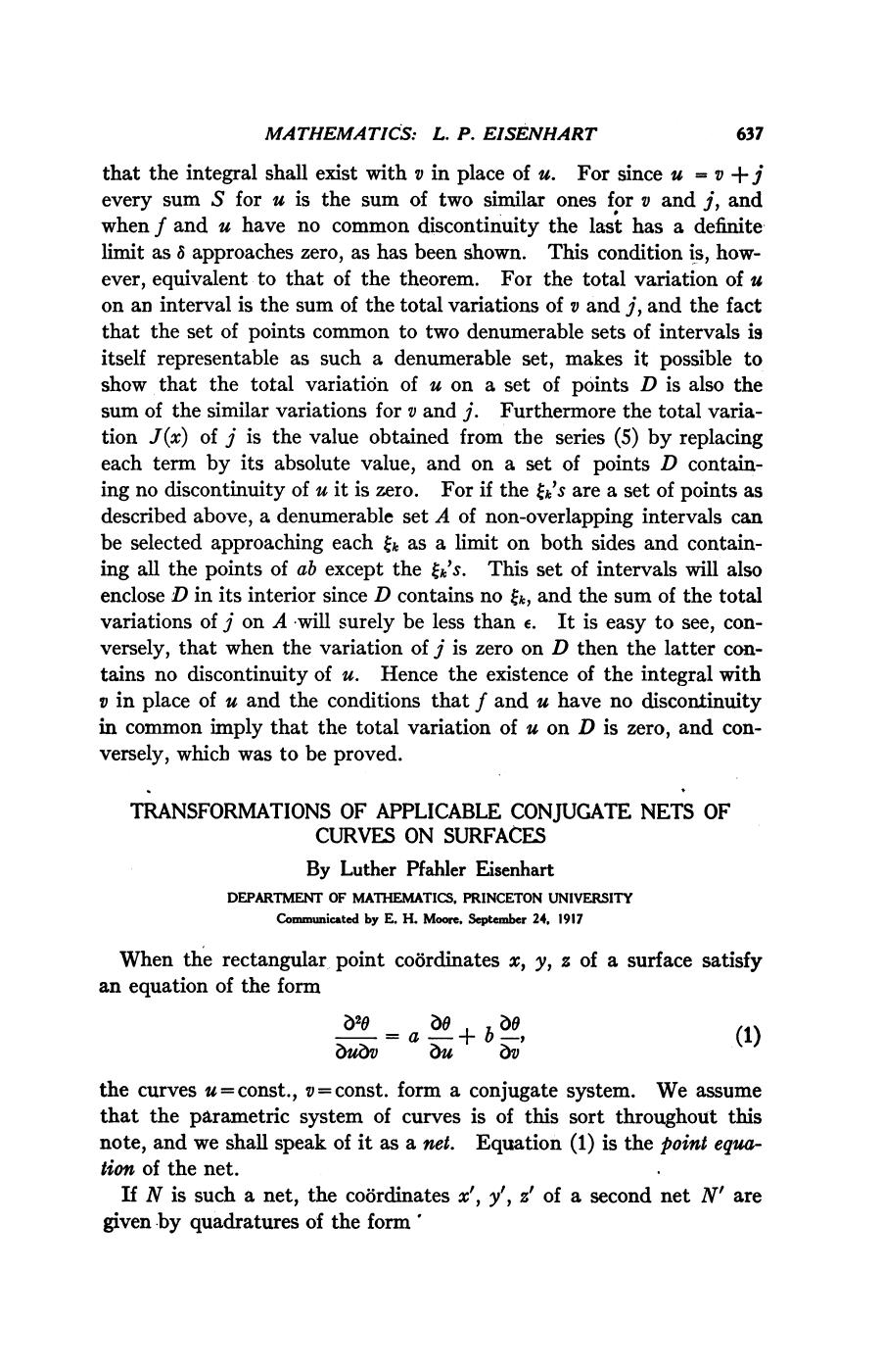 Transformations of Applicable Conjugate Nets of Curves on Surfaces by Eisenhart L.P
