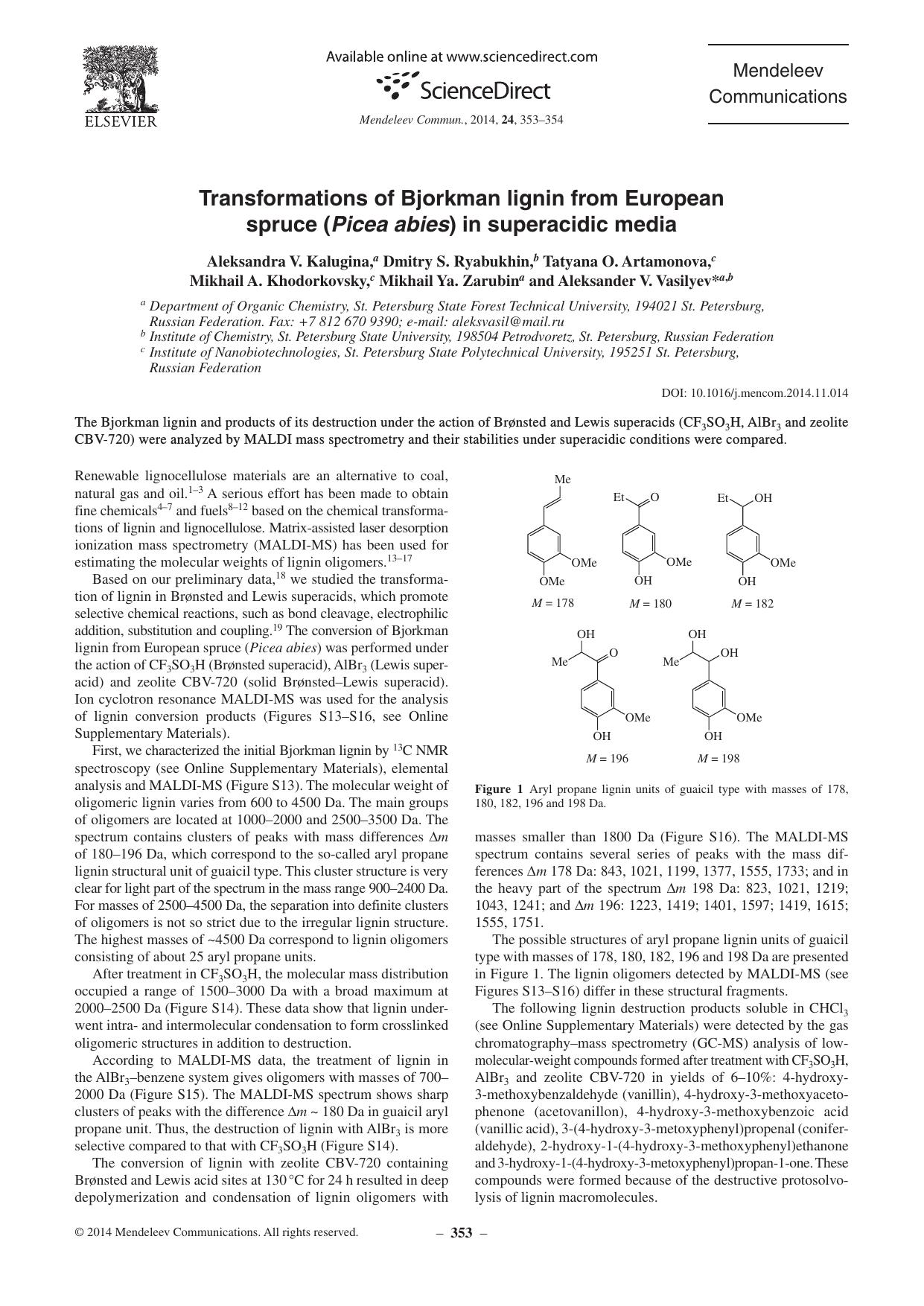 Transformations of Bjorkman lignin from European spruce (Picea abies) in superacidic media by unknow