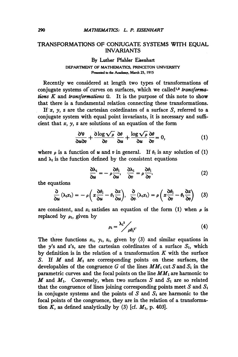 Transformations of Conjugate Systems With Equal Invariants by Eisenhart L.P