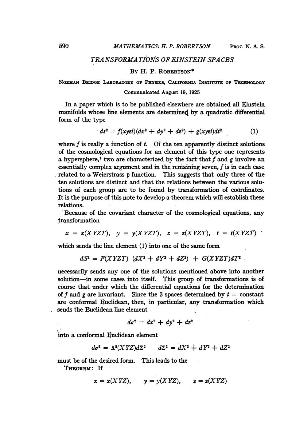 Transformations of Einstein Spaces by Robertson H.P