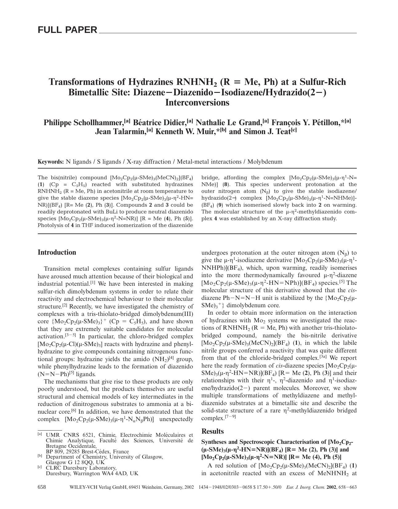 Transformations of Hydrazines RNHNH2 (R = Me, Ph) at a Sulfur-Rich Bimetallic Site: Diazene-Diazenido-IsodiazeneHydrazido(2-) Interconversions by Unknown