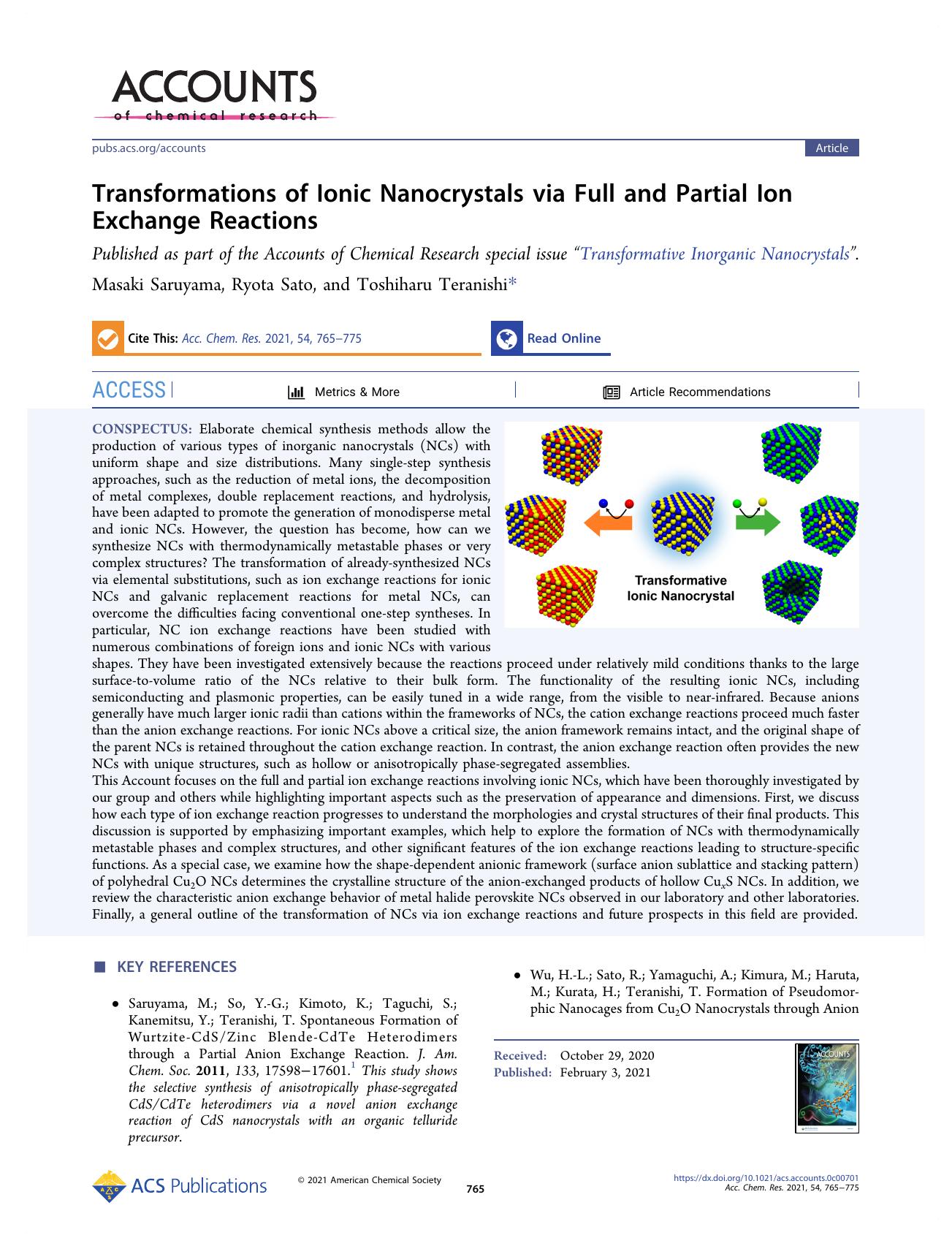 Transformations of Ionic Nanocrystals via Full and Partial Ion Exchange Reactions by Masaki Saruyama Ryota Sato and Toshiharu Teranishi