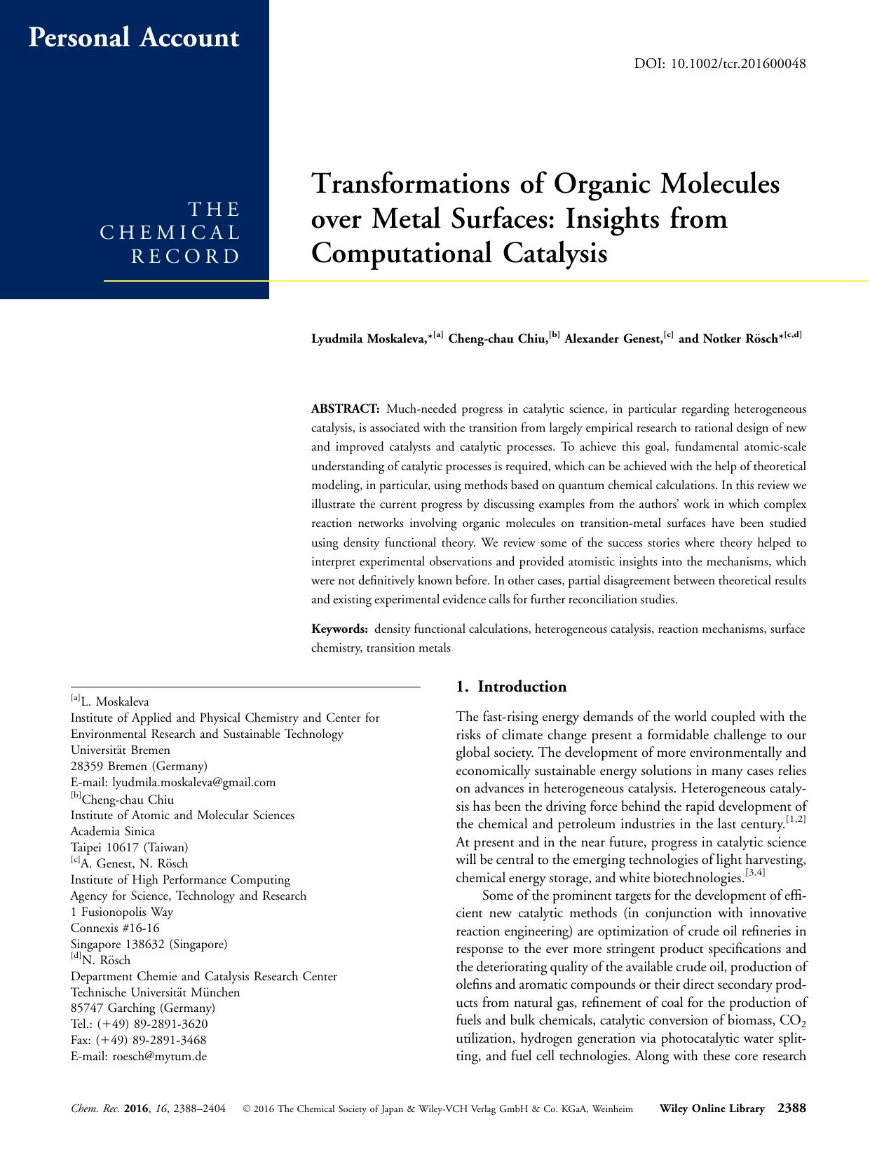 Transformations of Organic Molecules over Metal Surfaces: Insights from Computational Catalysis by Unknown