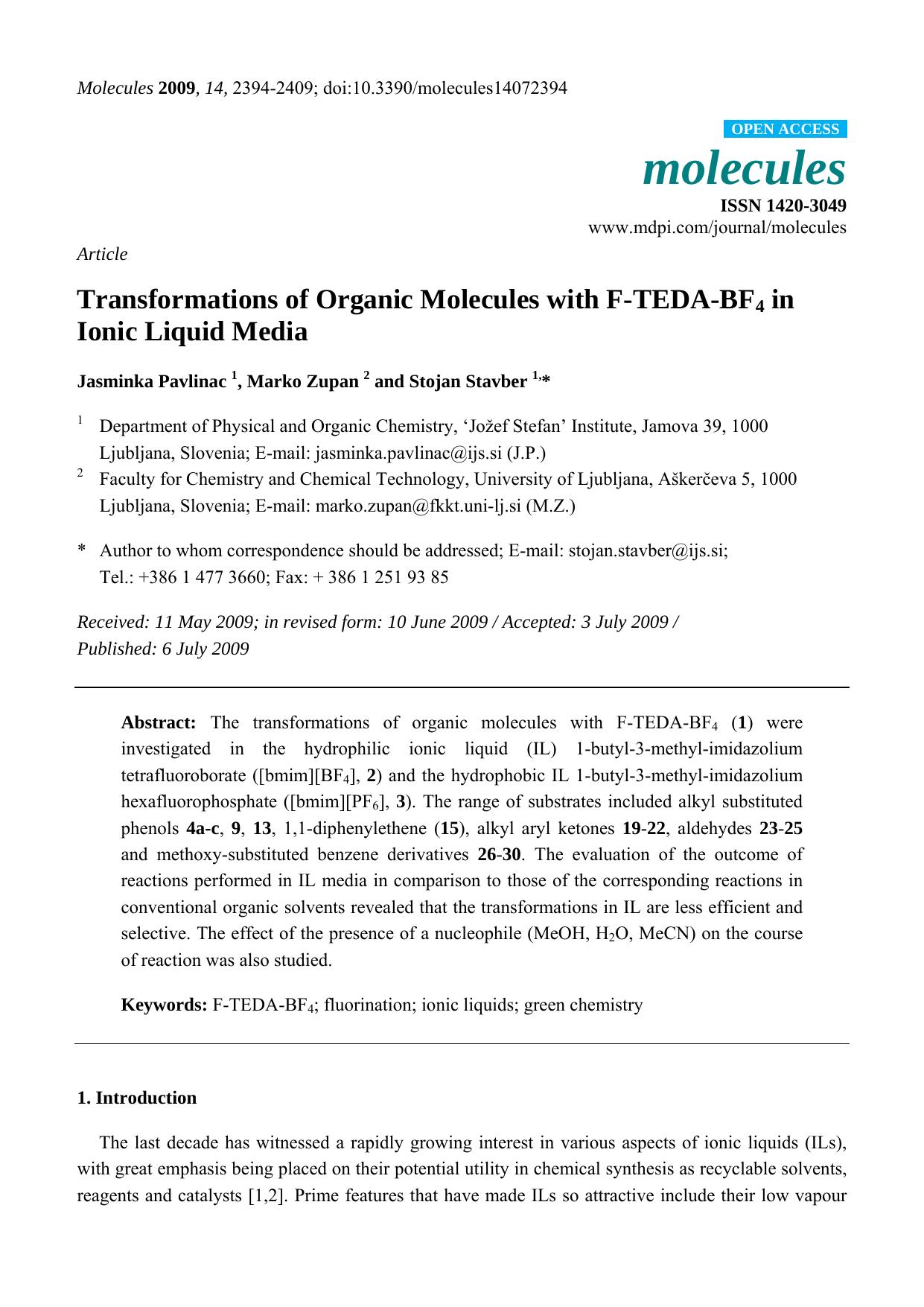 Transformations of Organic Molecules with F-TEDA-BF4 in Ionic Liquid Media by Jasminka Pavlinac & Marko Zupan & Stojan Stavber
