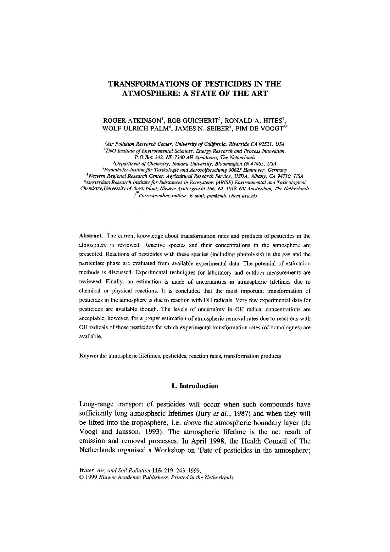 Transformations of Pesticides in the Atmosphere: A State of the Art by Unknown