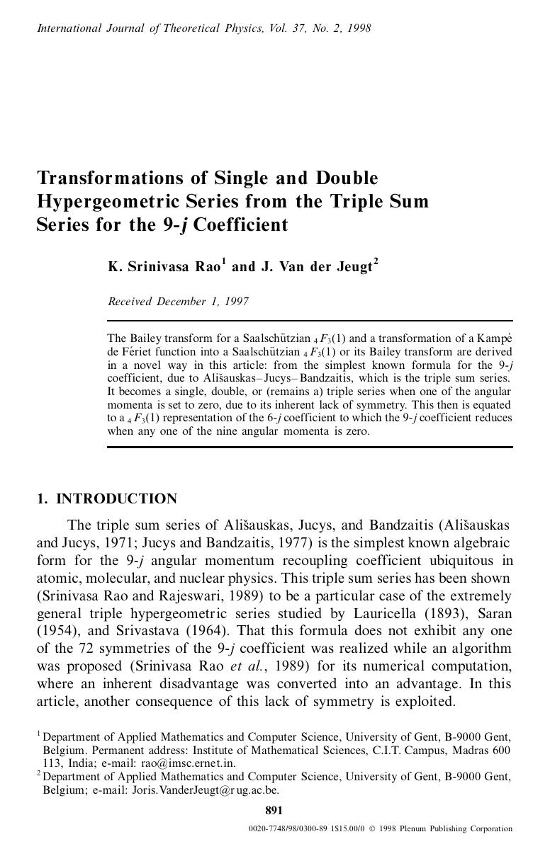 Transformations of Single and Double Hypergeometric Series from the Triple Sum Series for the 9-j Coefficient by Unknown