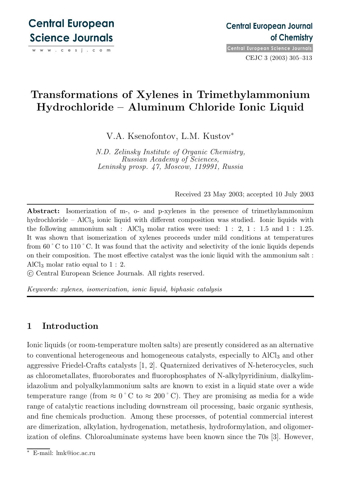 Transformations of Xylenes in Trimethylammonium Hydrochloride - Aluminum Chloride Ionic Liquid by Unknown