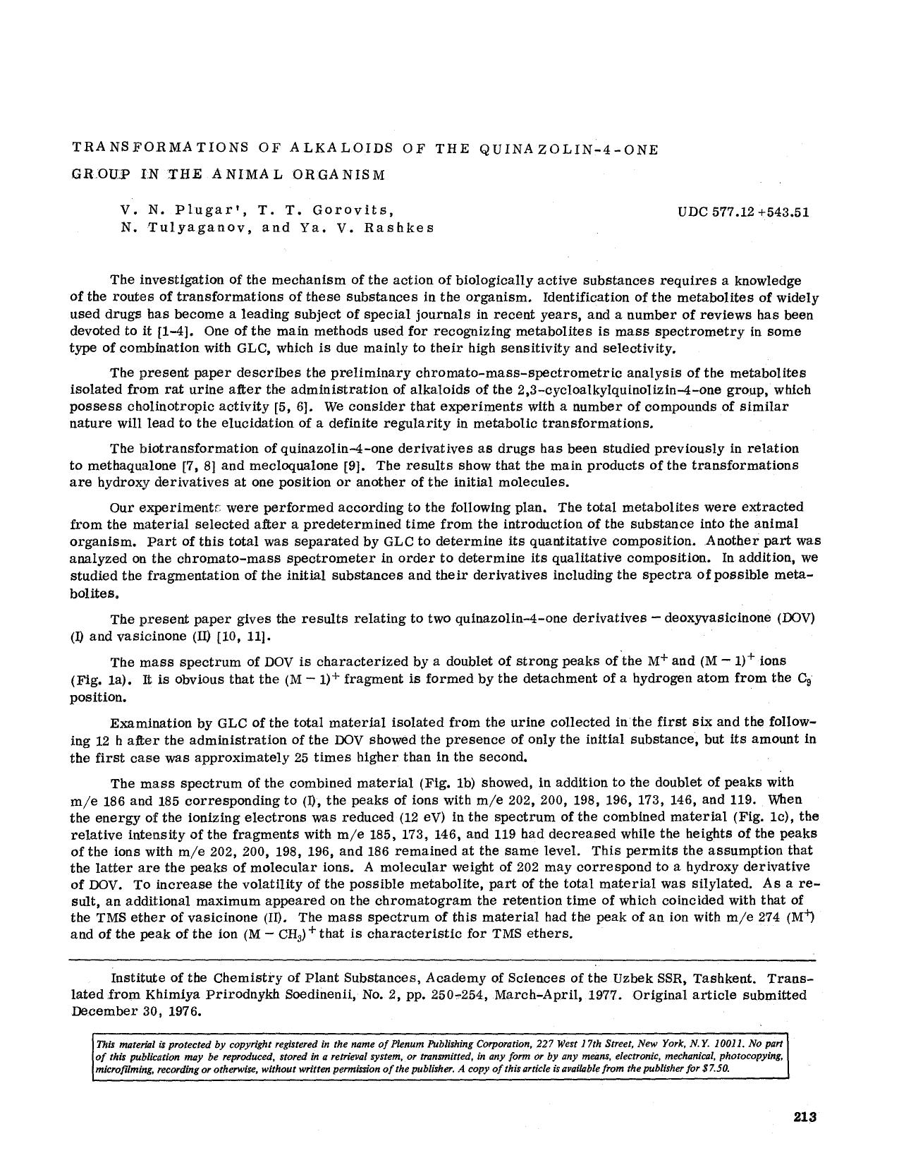 Transformations of alkaloids of the quinazolin-4-one group in the animal organism by Unknown