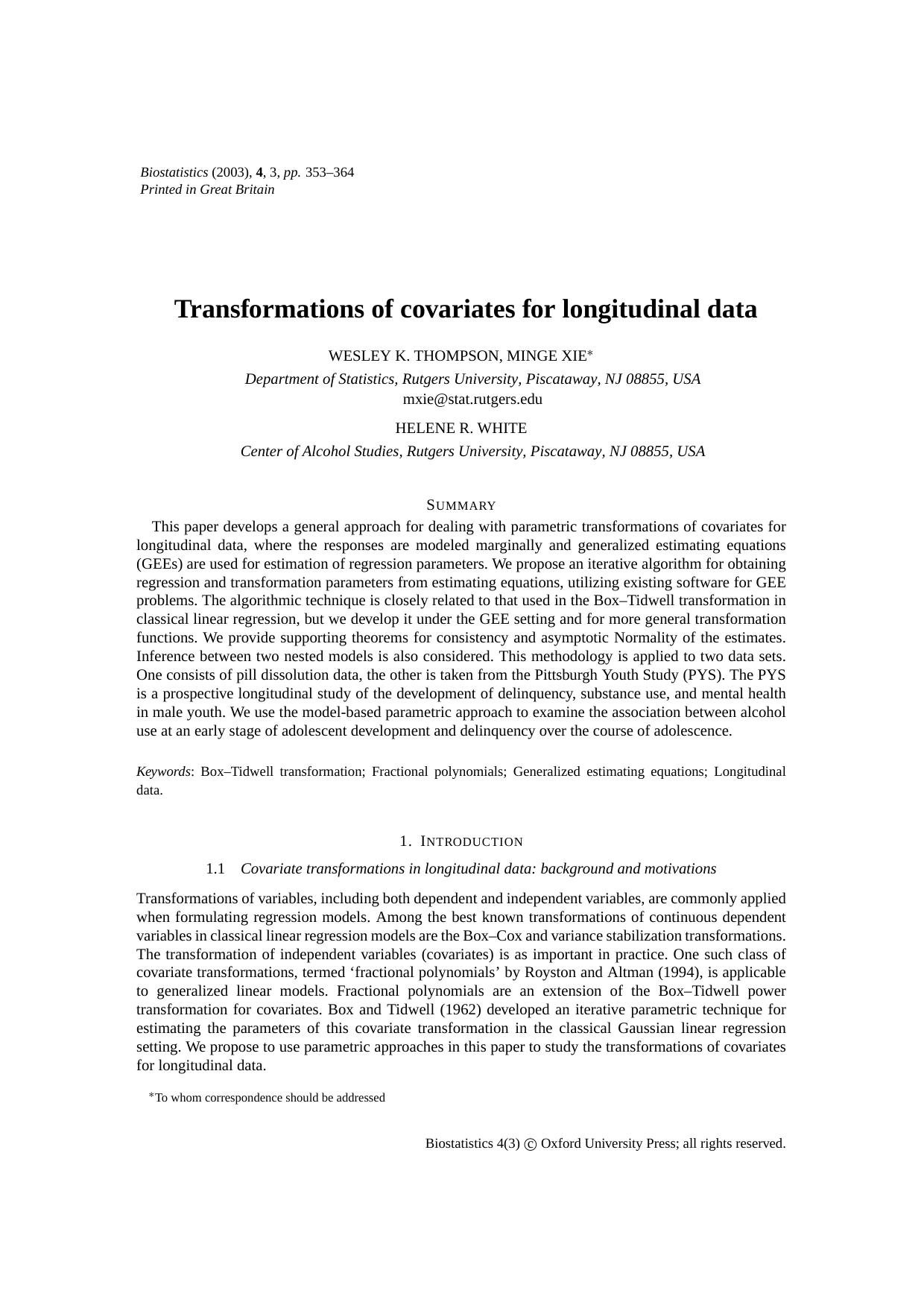 Transformations of covariates for longitudinal data by Thmpson W. K