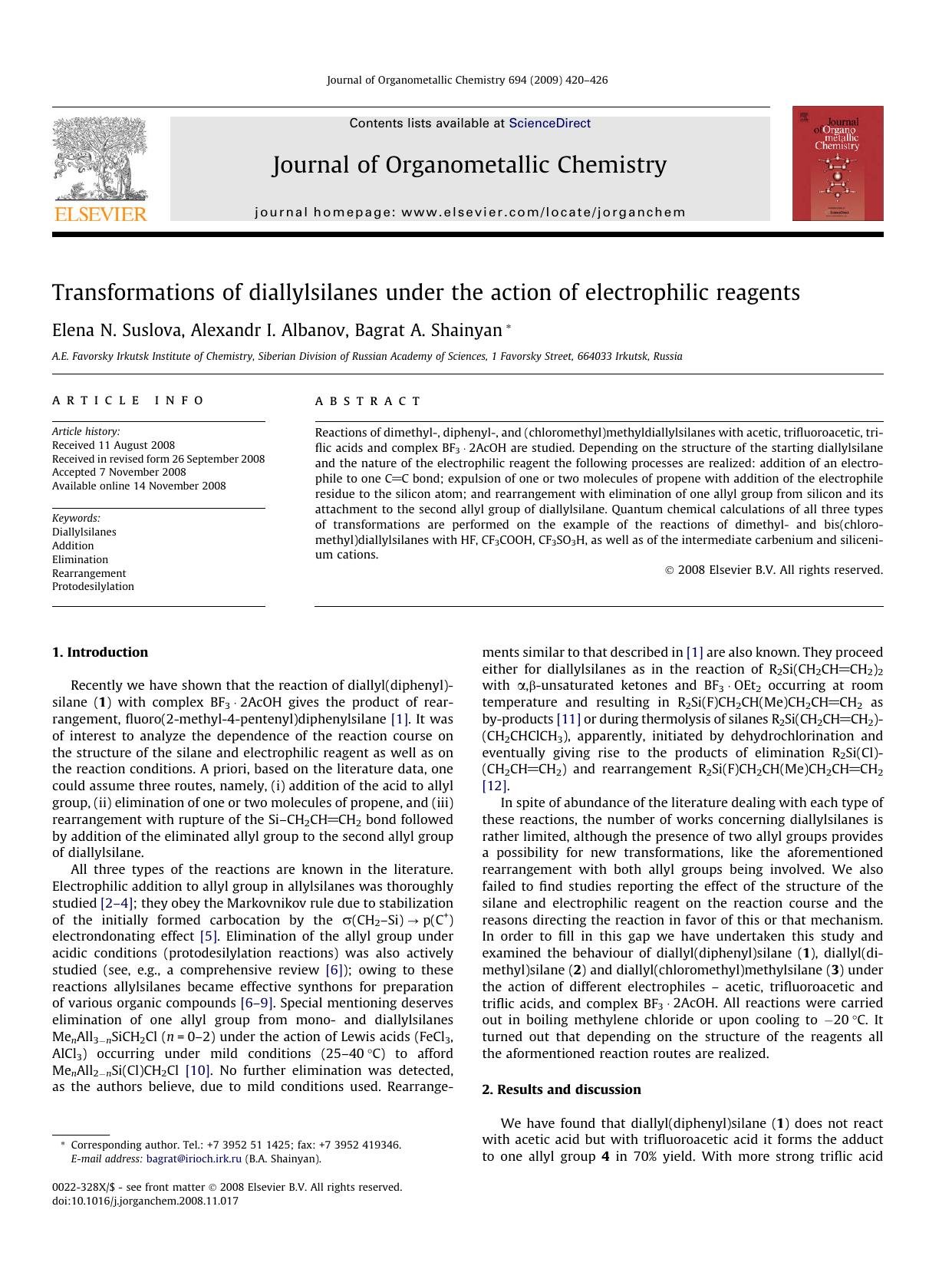 Transformations of diallylsilanes under the action of electrophilic reagents by Elena N. Suslova; Alexandr I. Albanov; Bagrat A. Shainyan