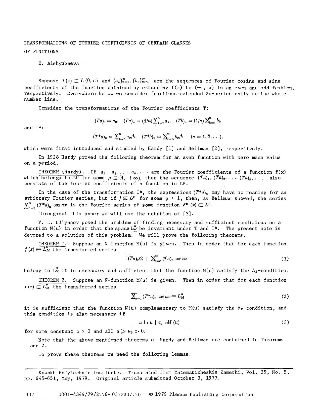 Transformations of fourier coefficients of certain classes of functions by Unknown