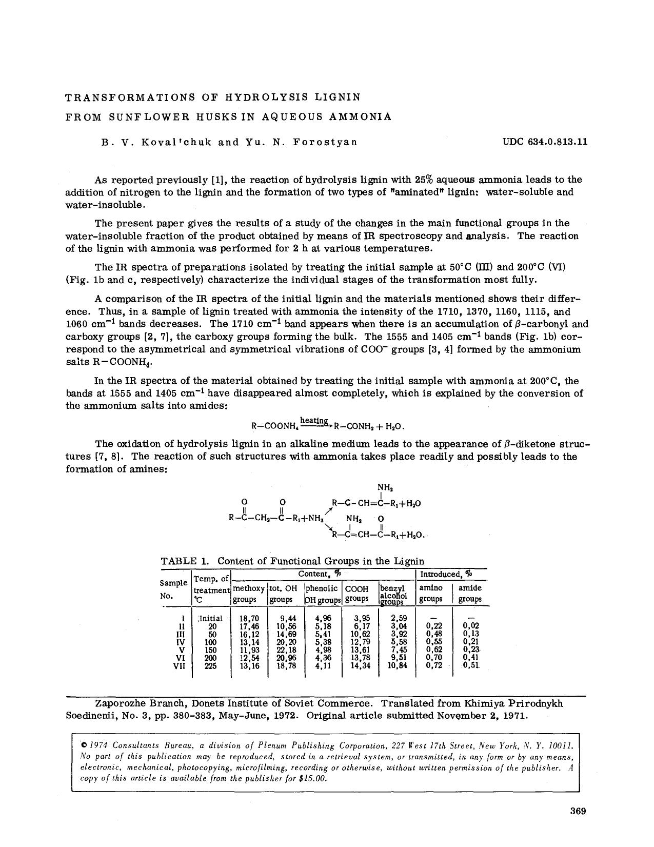 Transformations of hydrolysis lignin from sunflower husks in aqueous ammonia by Unknown