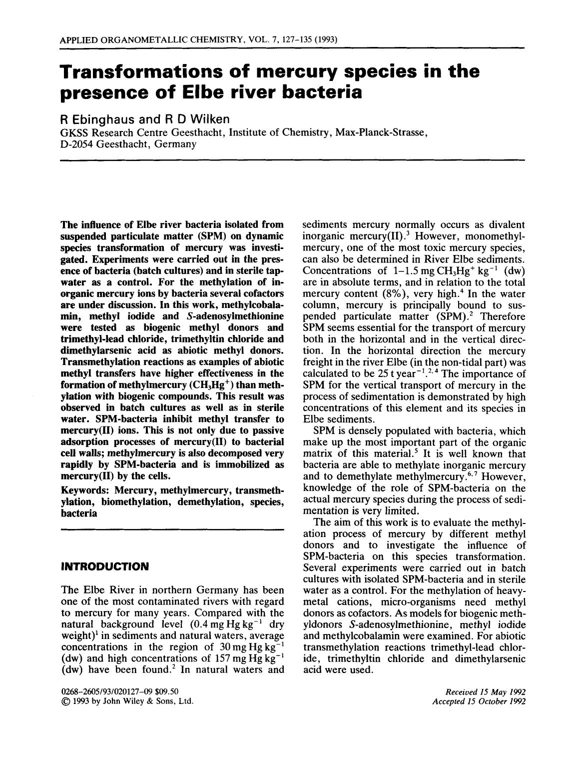 Transformations of mercury species in the presence of Elbe river bacteria by Unknown