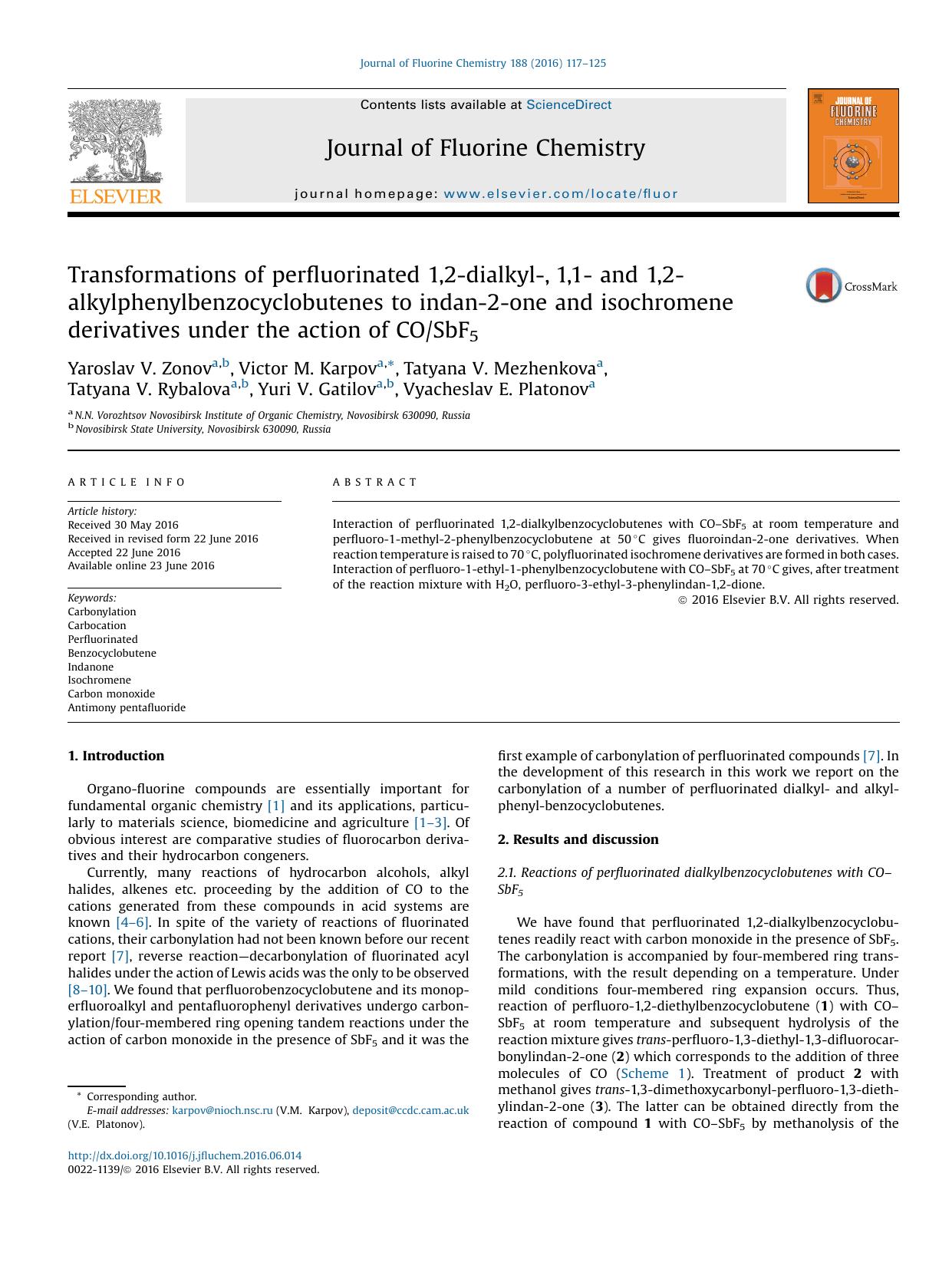Transformations of perfluorinated 1,2-dialkyl-, 1,1- and 1,2-alkylphenylbenzocyclobutenes to indan-2-one and isochromene derivatives under the action of COSbF5 by unknow