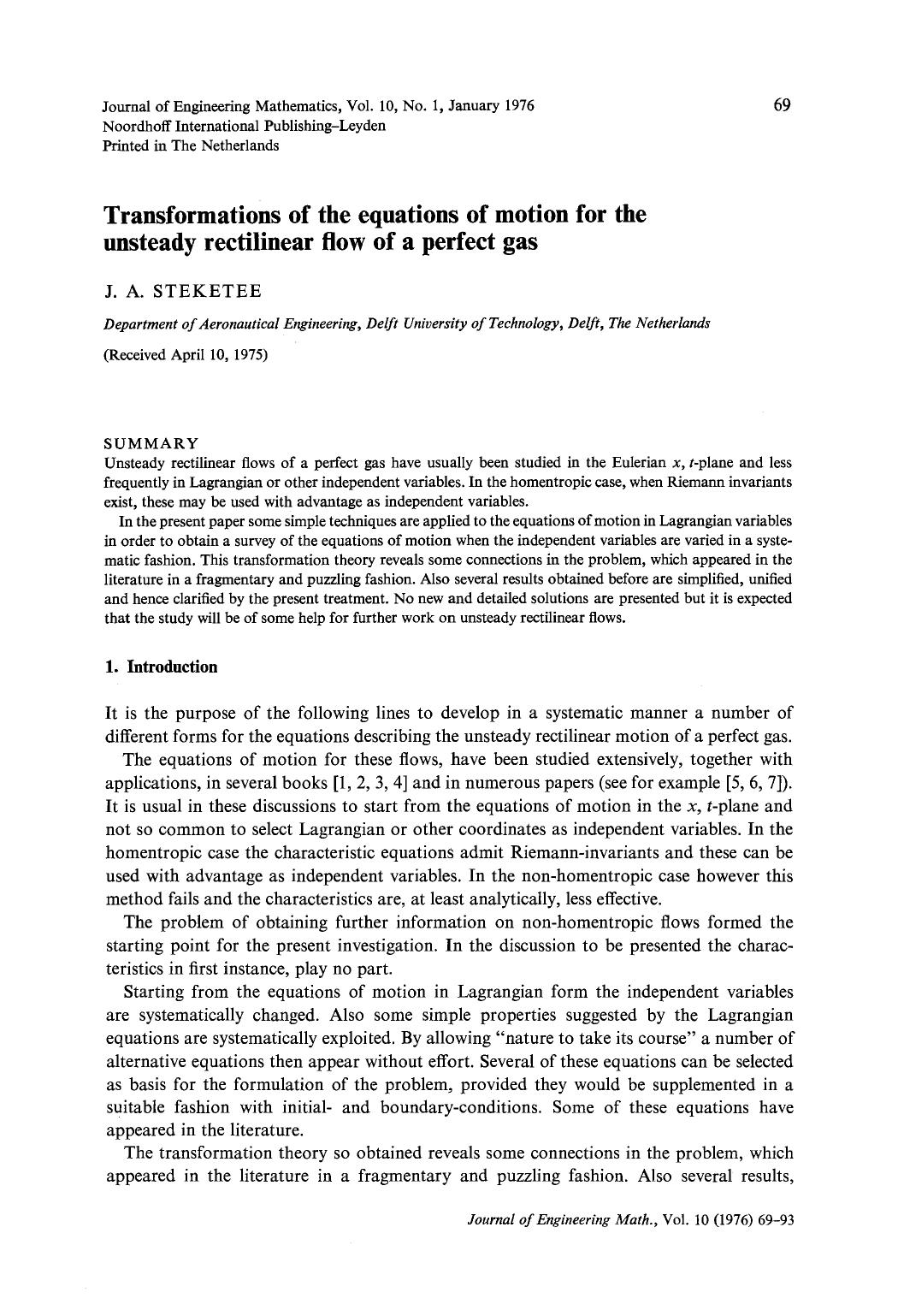 Transformations of the equations of motion for the unsteady rectilinear flow of a perfect gas by Unknown