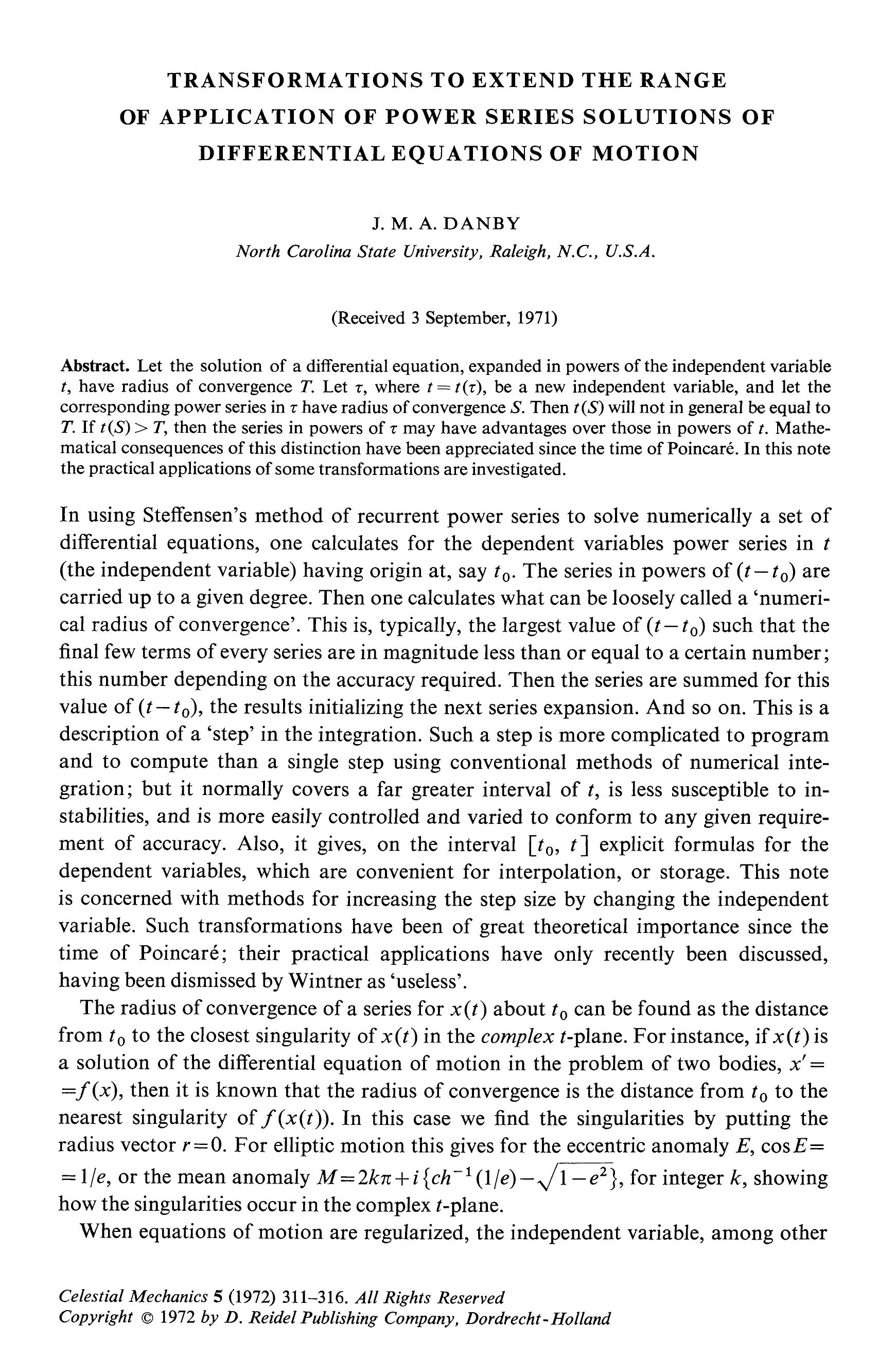 Transformations to extend the range of application of power series solutions of differential equations of motion by Unknown