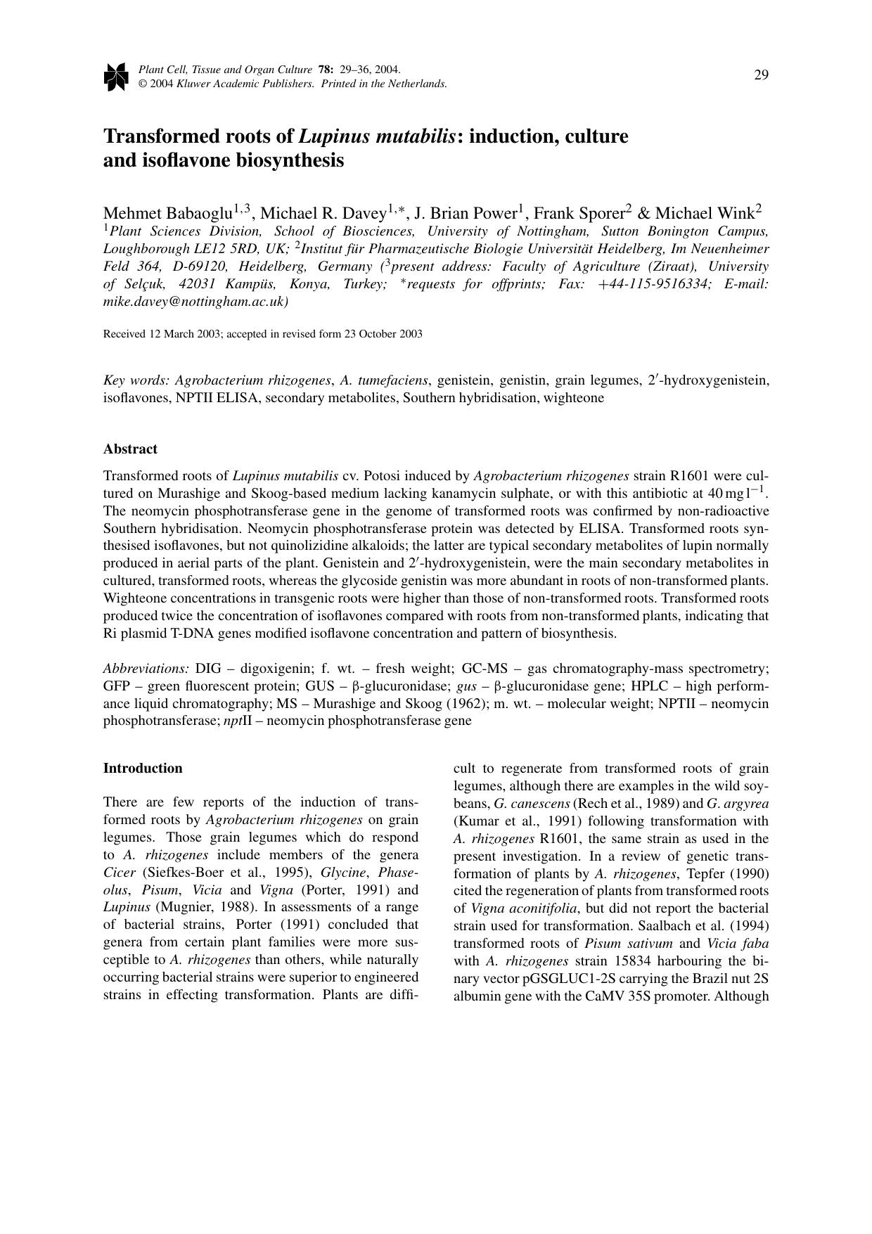 Transformed Roots of <Emphasis Type="Italic">Lupinus mutabilis<Emphasis>: Induction, Culture and Isoflavone Biosynthesis by Unknown