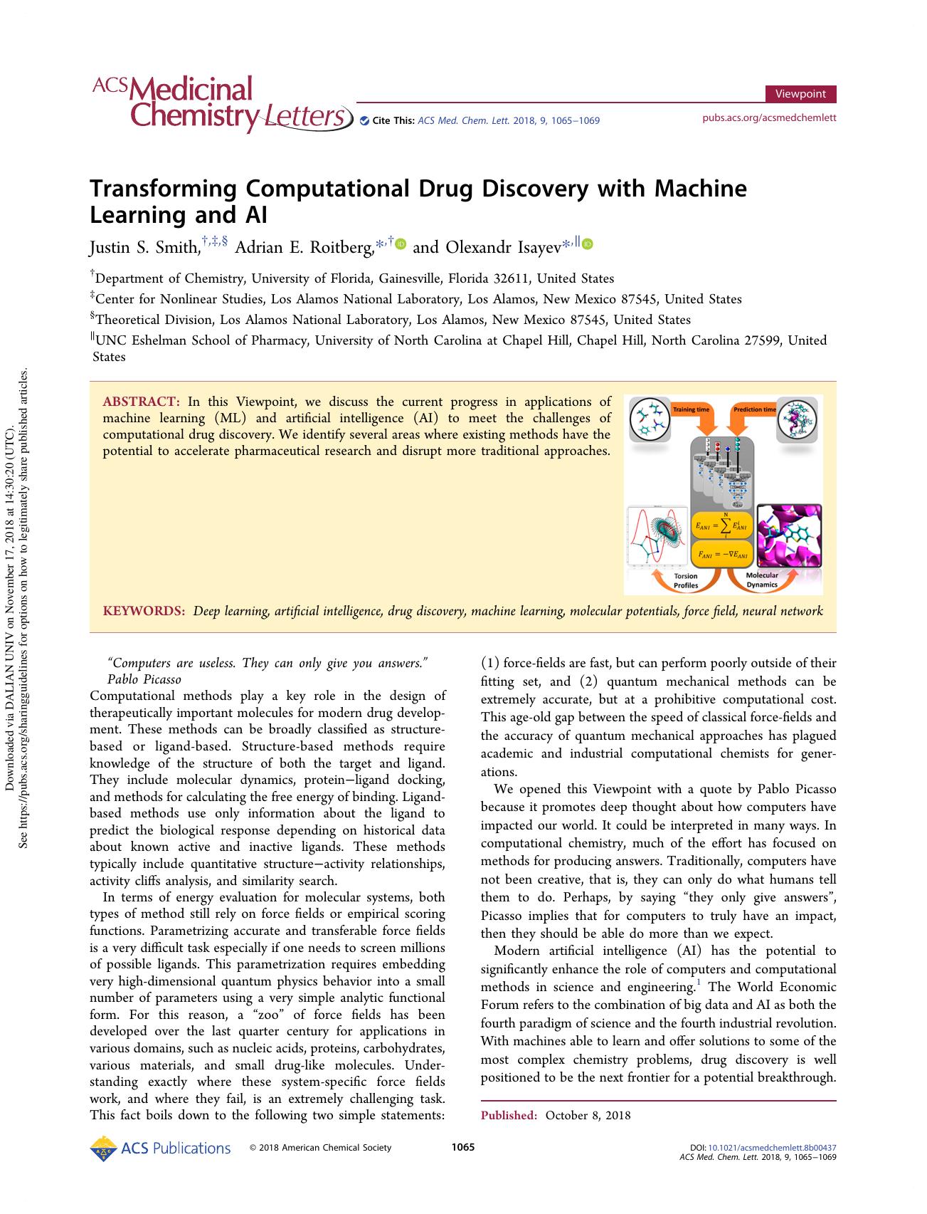 Transforming Computational Drug Discovery with Machine Learning and AI by Justin S. Smith & Adrian E. Roitberg & Olexandr Isayev