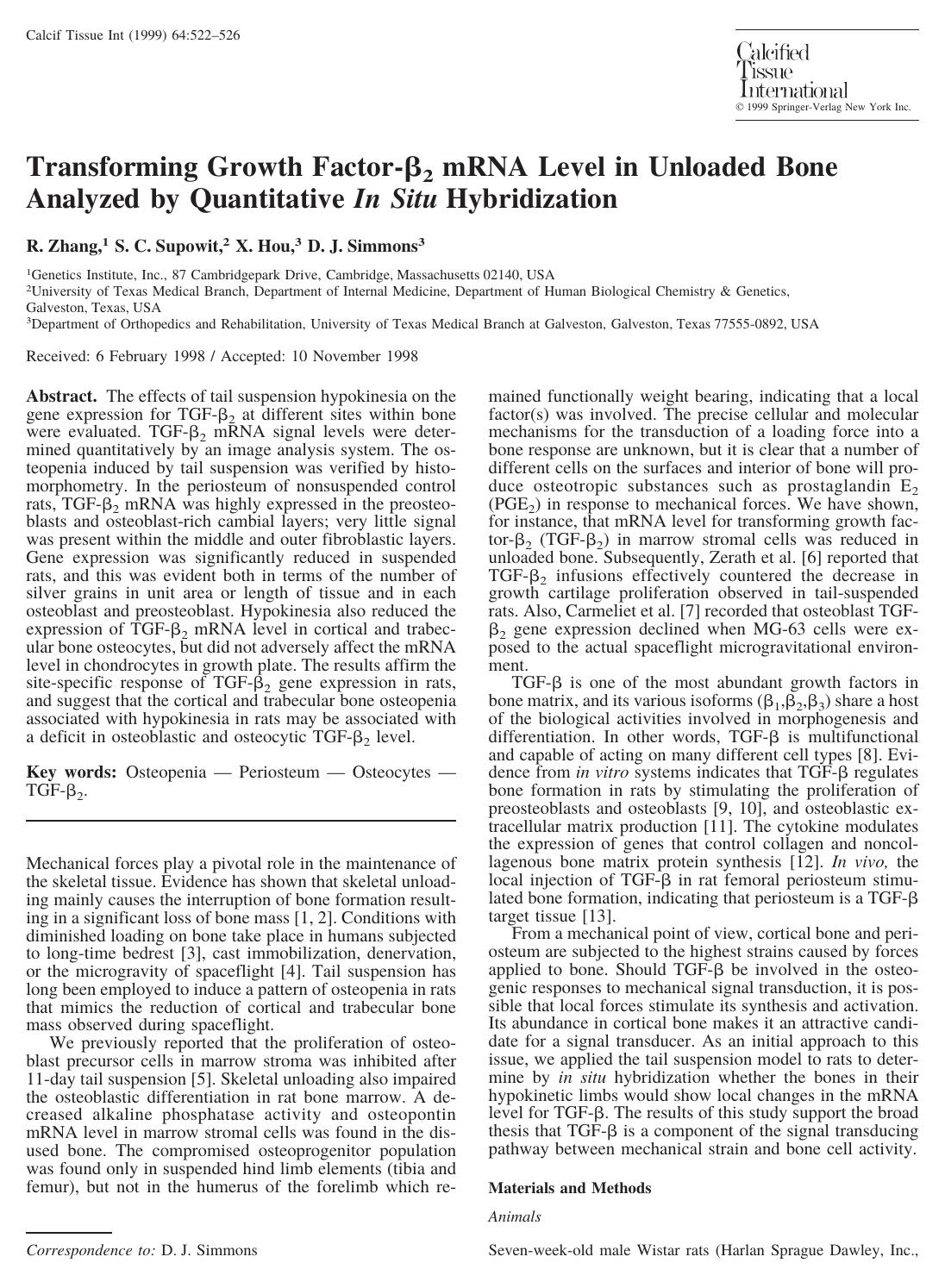 Transforming Growth Factor-&beta;2 mRNA Level in Unloaded Bone Analyzed by Quantitative In Situ Hybridization by Zhang R. et al